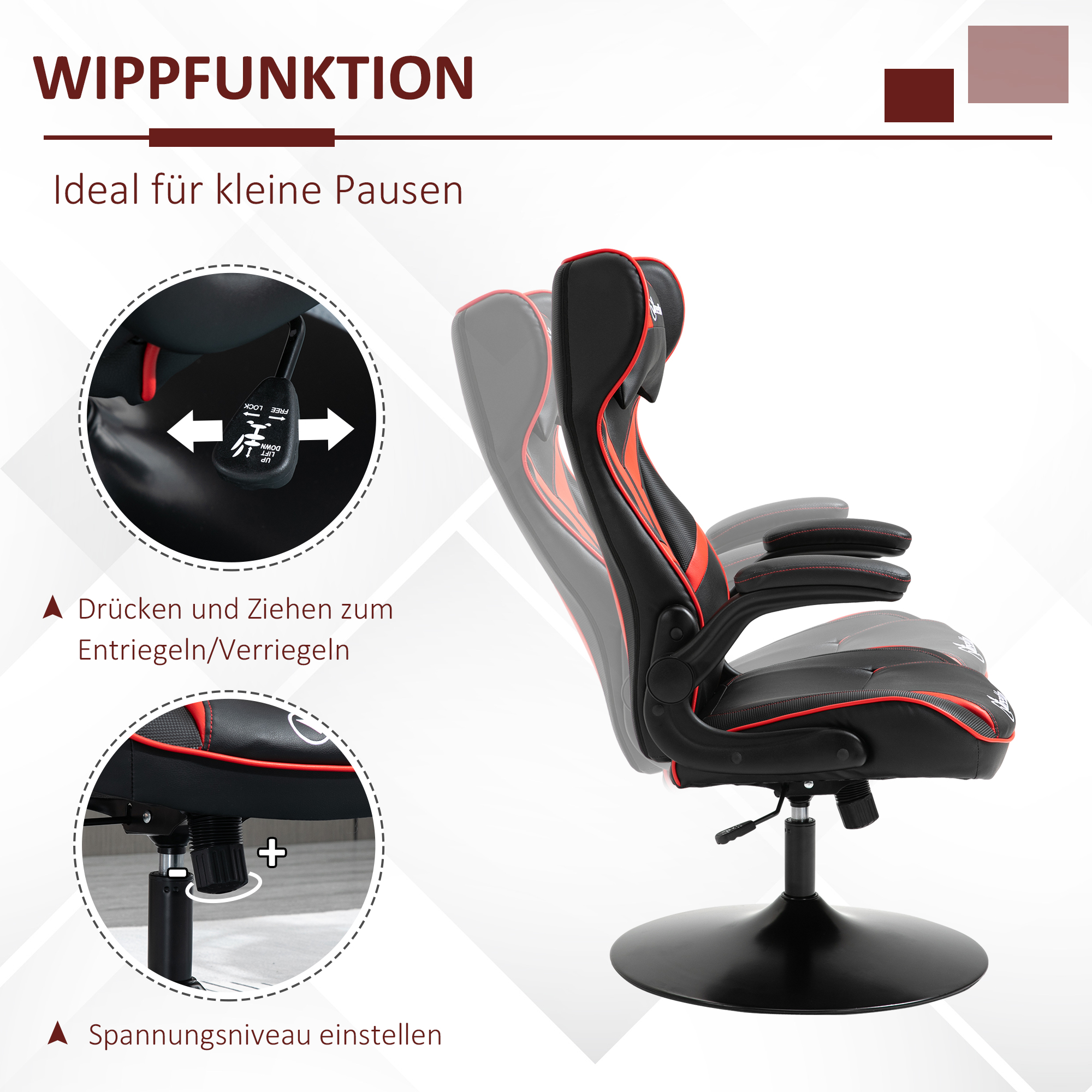 Gaming Stuhl ergonomischer Computerstuhl mit Wippfunktion Drehstuhl höhenverstellbar Stahl Schwarz+Rot 67 x 70 x 106-112 cm