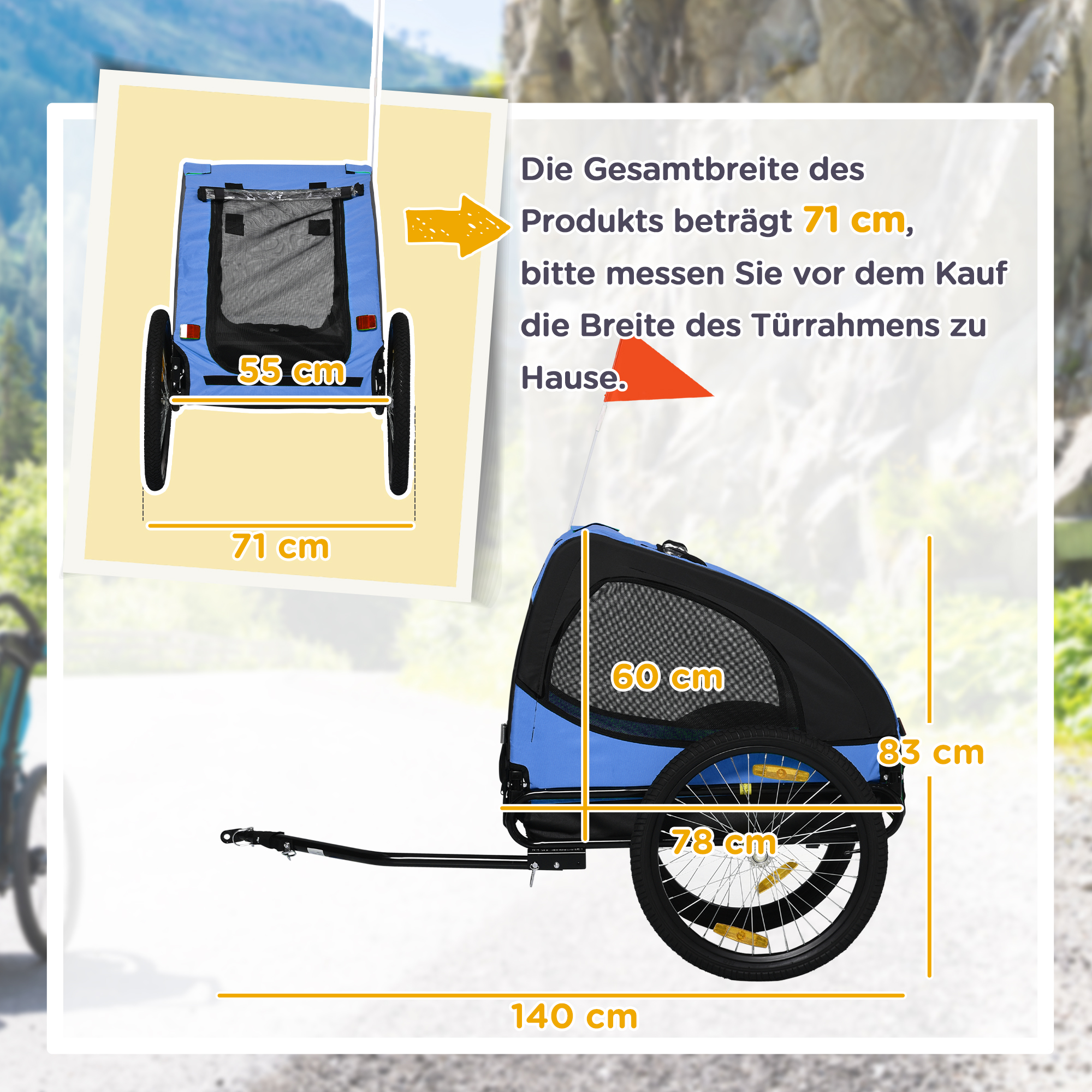 Hundeanhänger, klappbarer Hunde-Fahrradanhänger, wasserbeständig, Oxfordstoff, Stahl, 140 x 71 x 83 cm, Blau