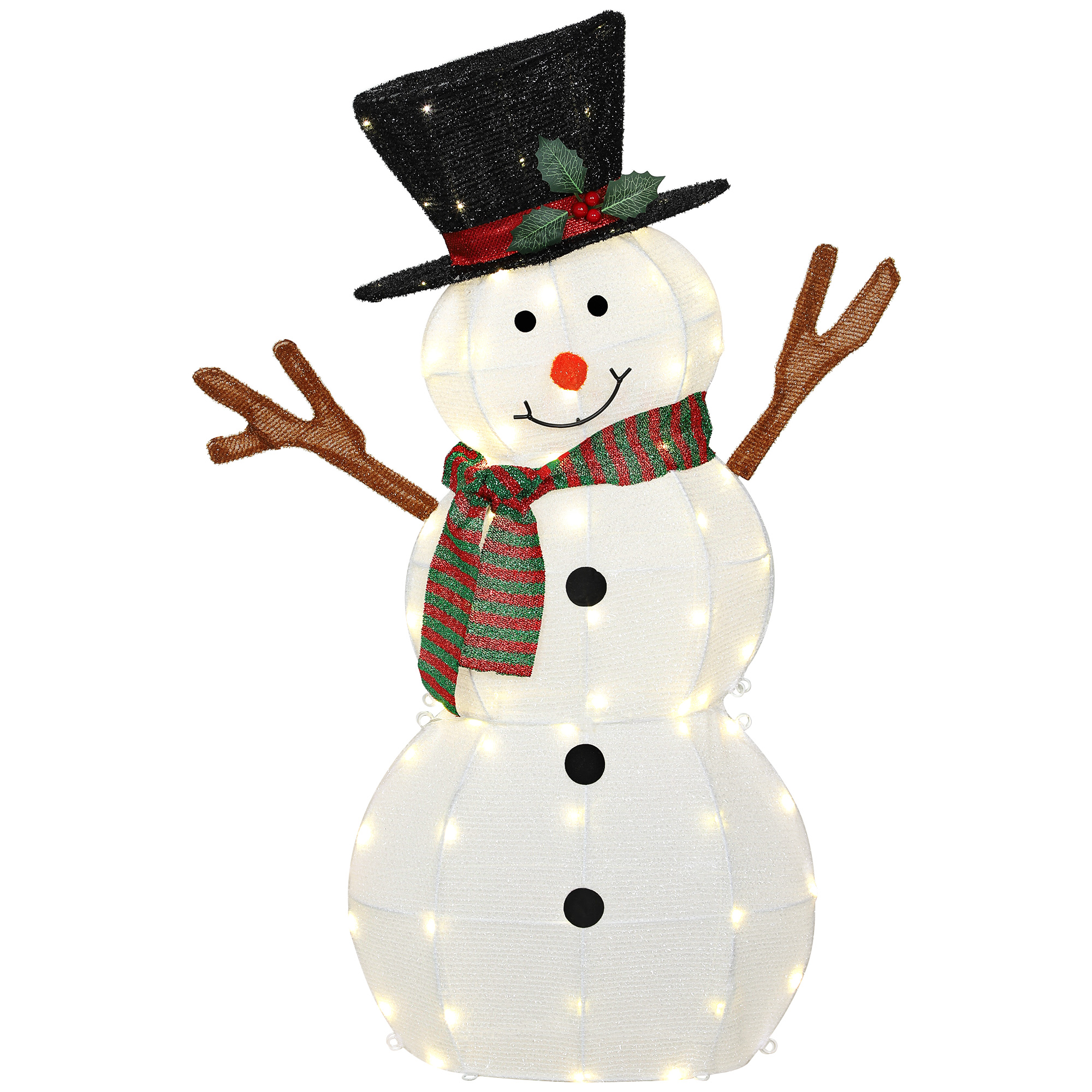 Fröhliche Schneemann-Dekoration für Weihnachten, Außendekoration mit LED-Lichtern, Stahl, Polyester, Weiß+Schwarz