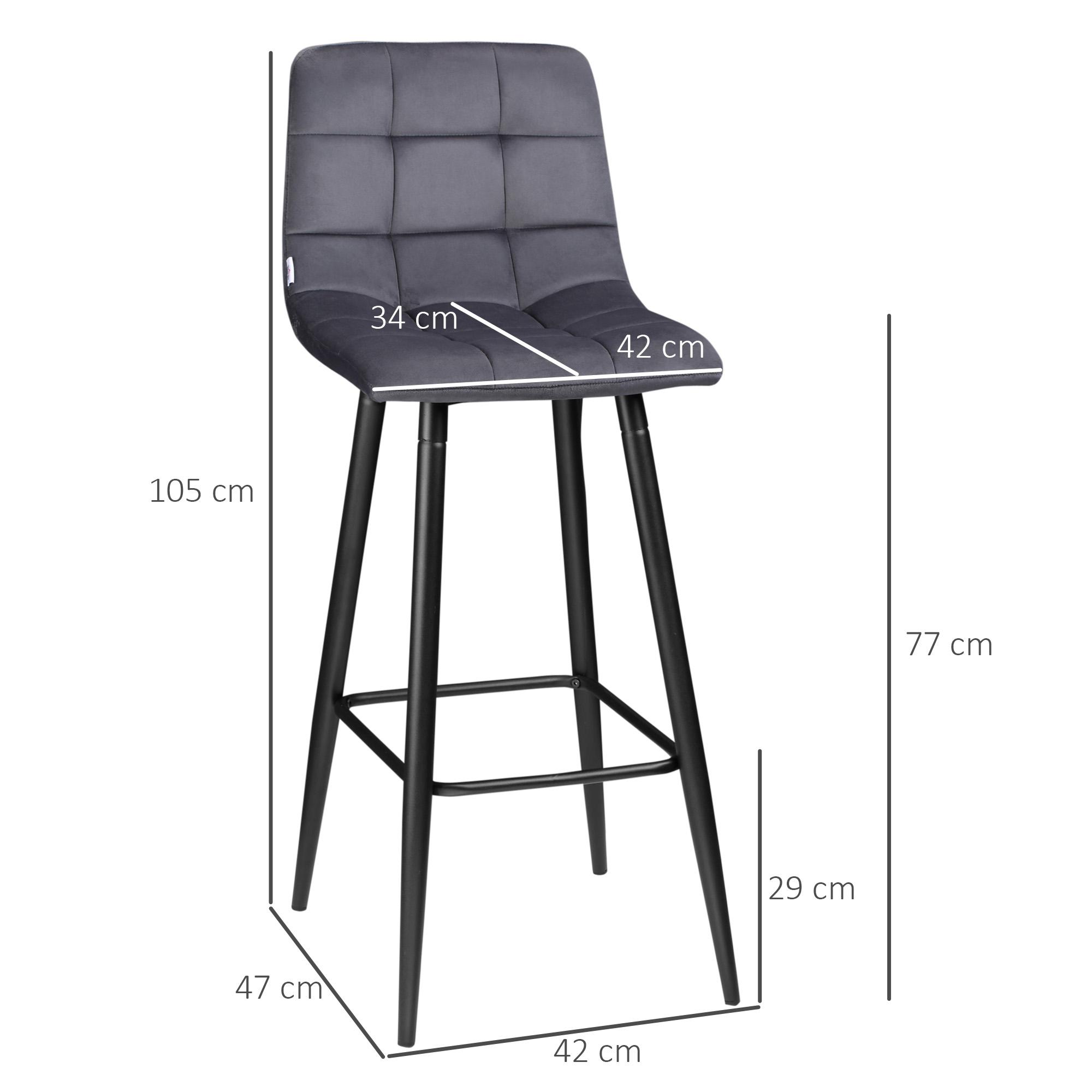 2er-Set Barhocker mit Fußstütze im Retrodesign 42 cm x 47 cm x 105 cm Grau