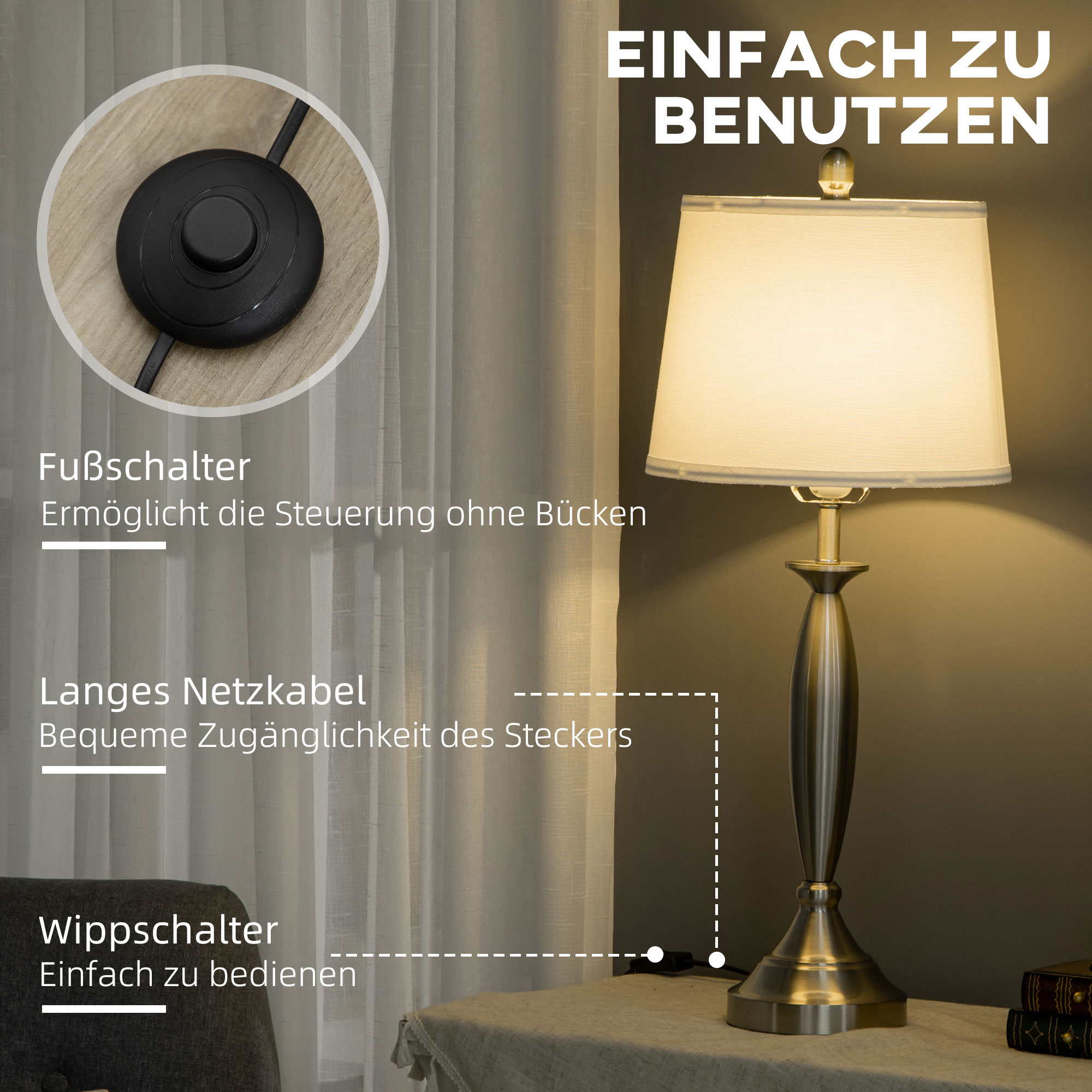 3-teiliges Leuchten-Set, 1 Stehleuchte, 2 Tischleuchten, Leinenoptik; 38 cm x 38 cm x 158 cm, Silber + Weiß