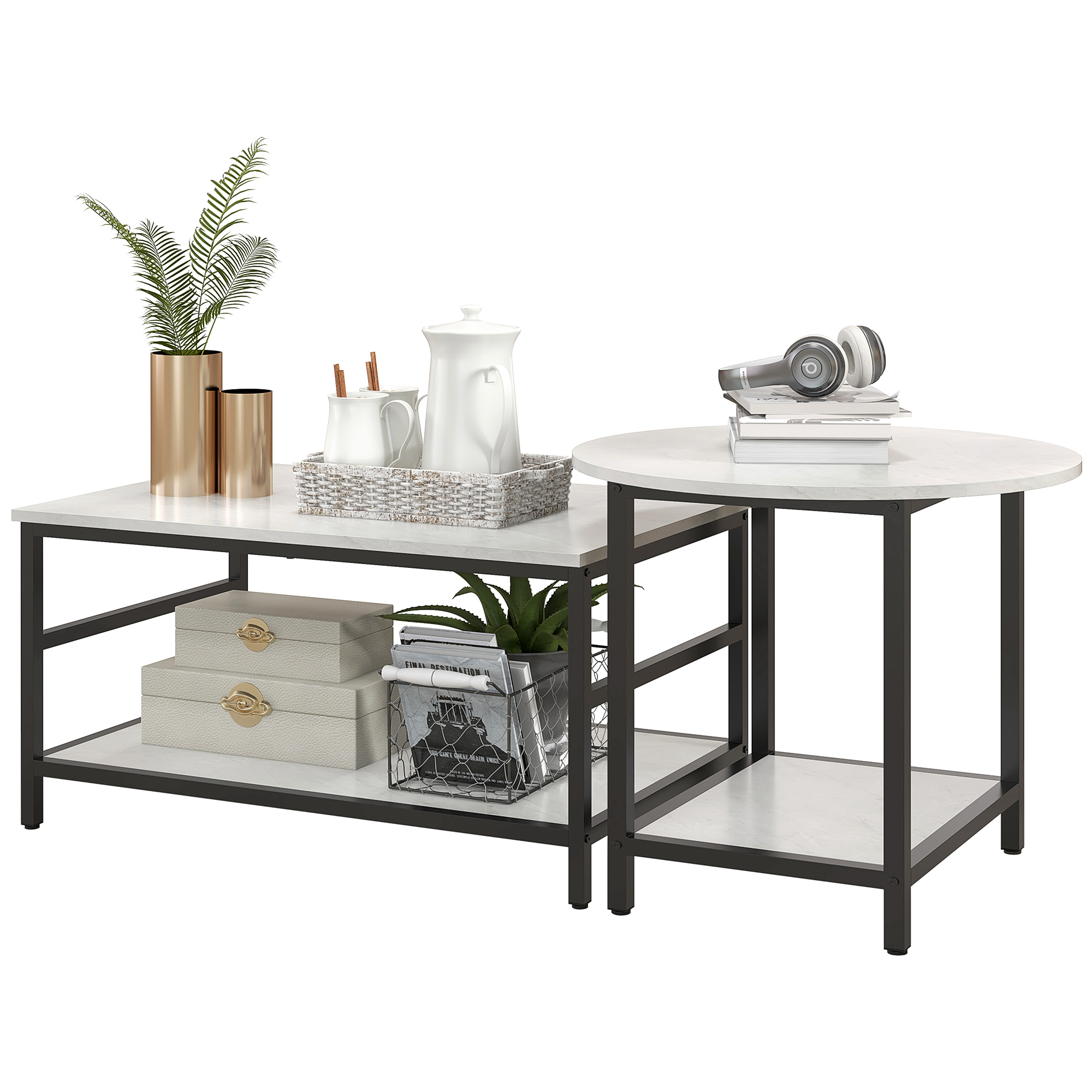 Couchtisch-Set, 2 Beistelltische, Marmoroptik, verstellbare Füße, Stahl, Schwarz/Weiß Couchtisch-Set, 2 Beistelltische, Marmoroptik, verstellbare Füße, Stahl, Schwarz/Weiß