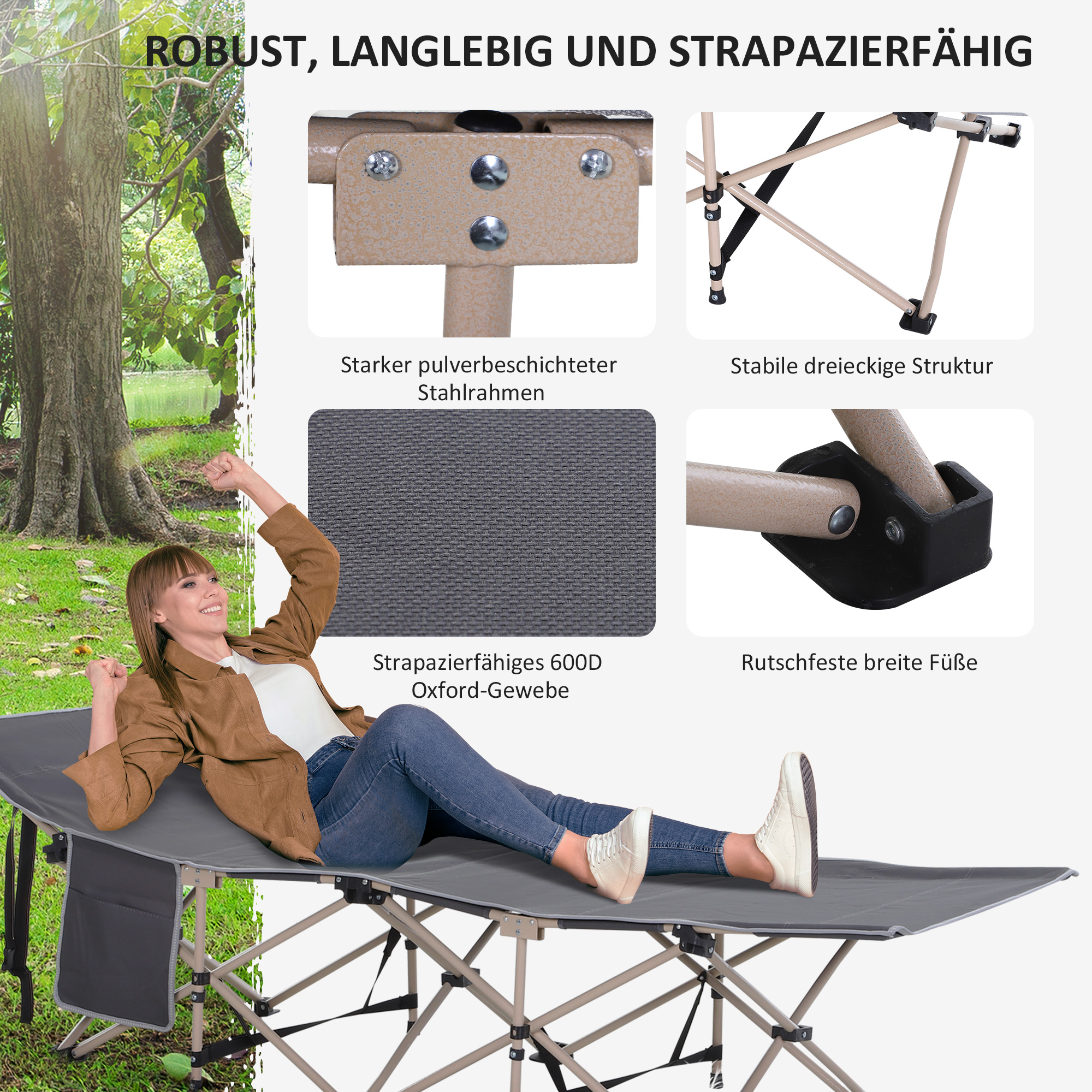 Feldbett, Campingbett, klappbar, wetterbeständig, ink, Tragetasche, 190 x 68 x 52 cm, Grau
