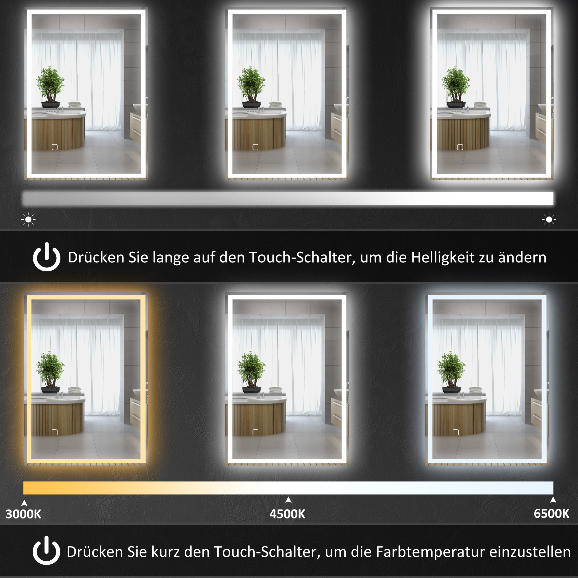 Badspiegel Badezimmerspiegel Wandspiegel LED´s, Berührungsschalter, Weiß