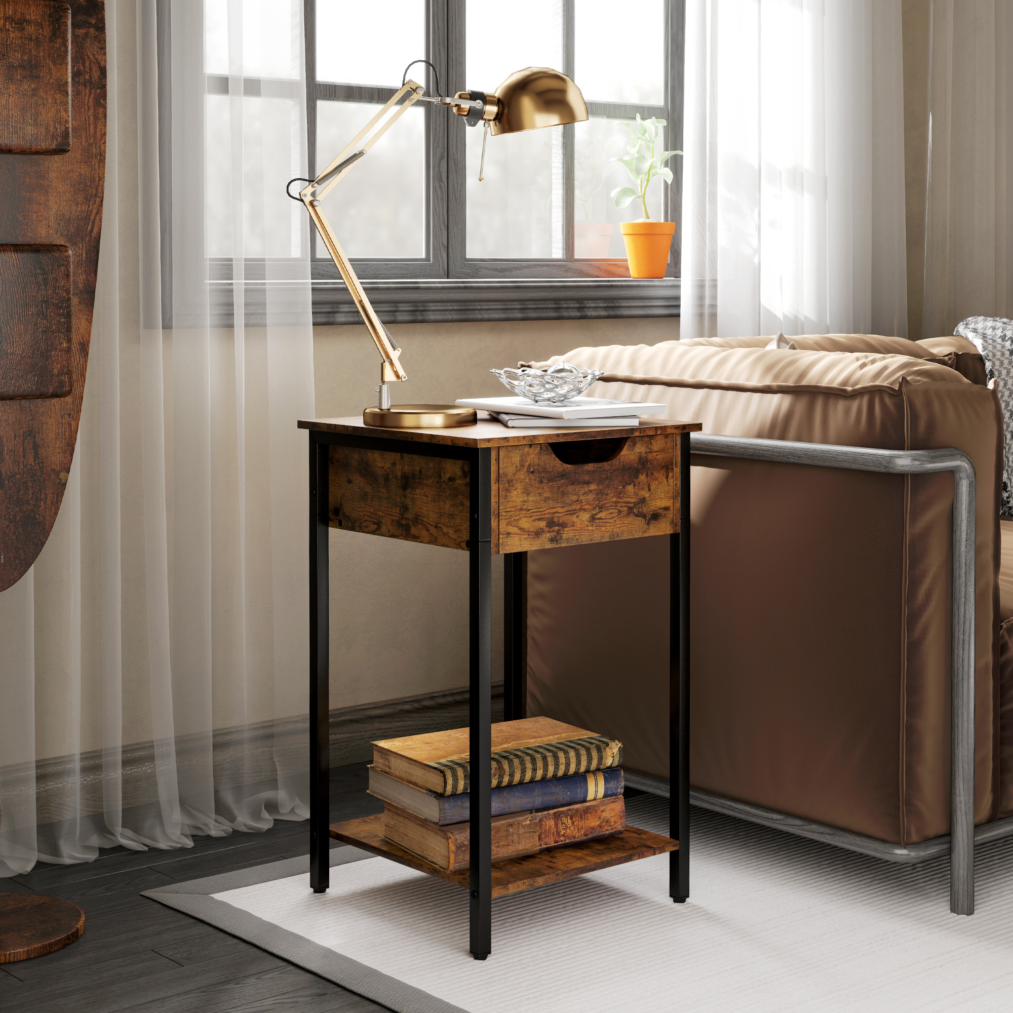 Beistelltisch im Industriestil, Schublade, Ablagefach, Metallrahmen, Holz, 40 x 40 x 68 cm, Braun