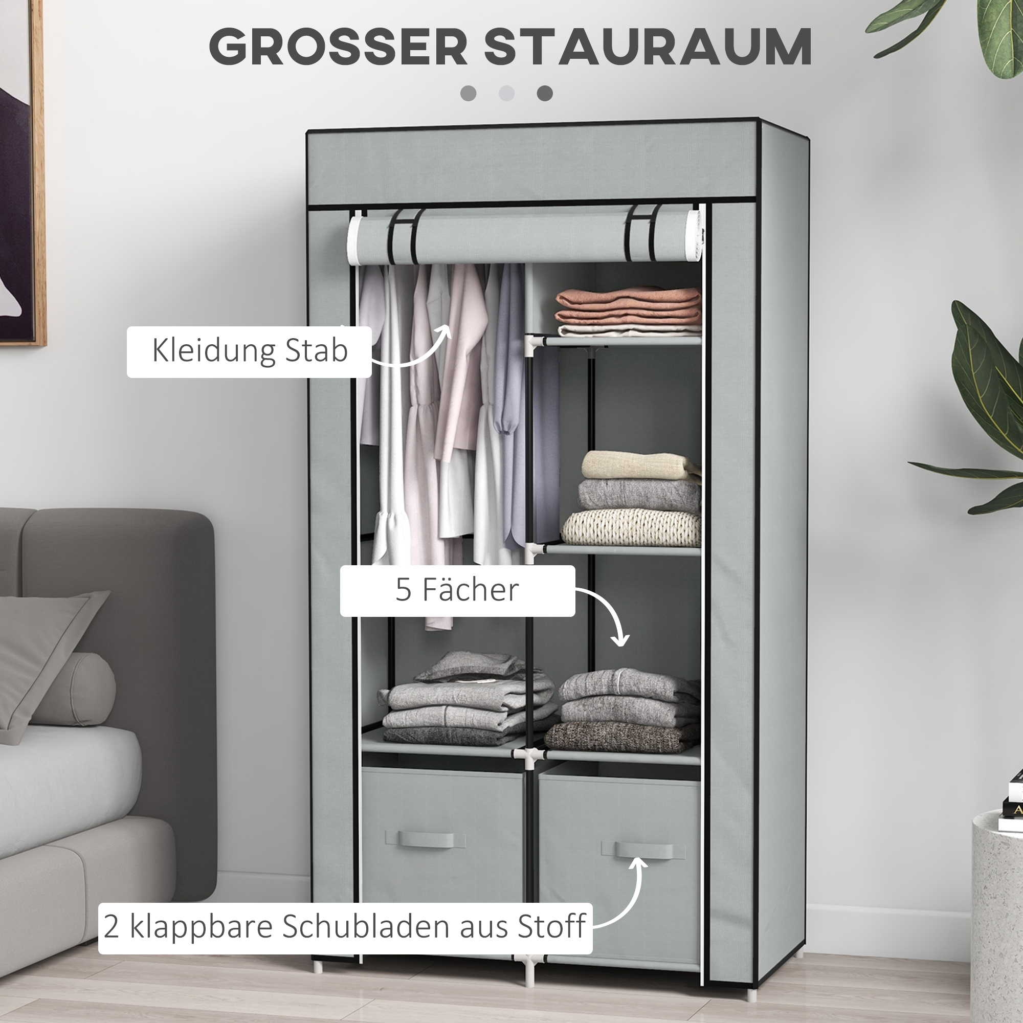 Kleiderschrank Stoffschrank 1 Kleiderstange, 2 Schubladen, 83 x 42,5 x 162,5 cm, Grau