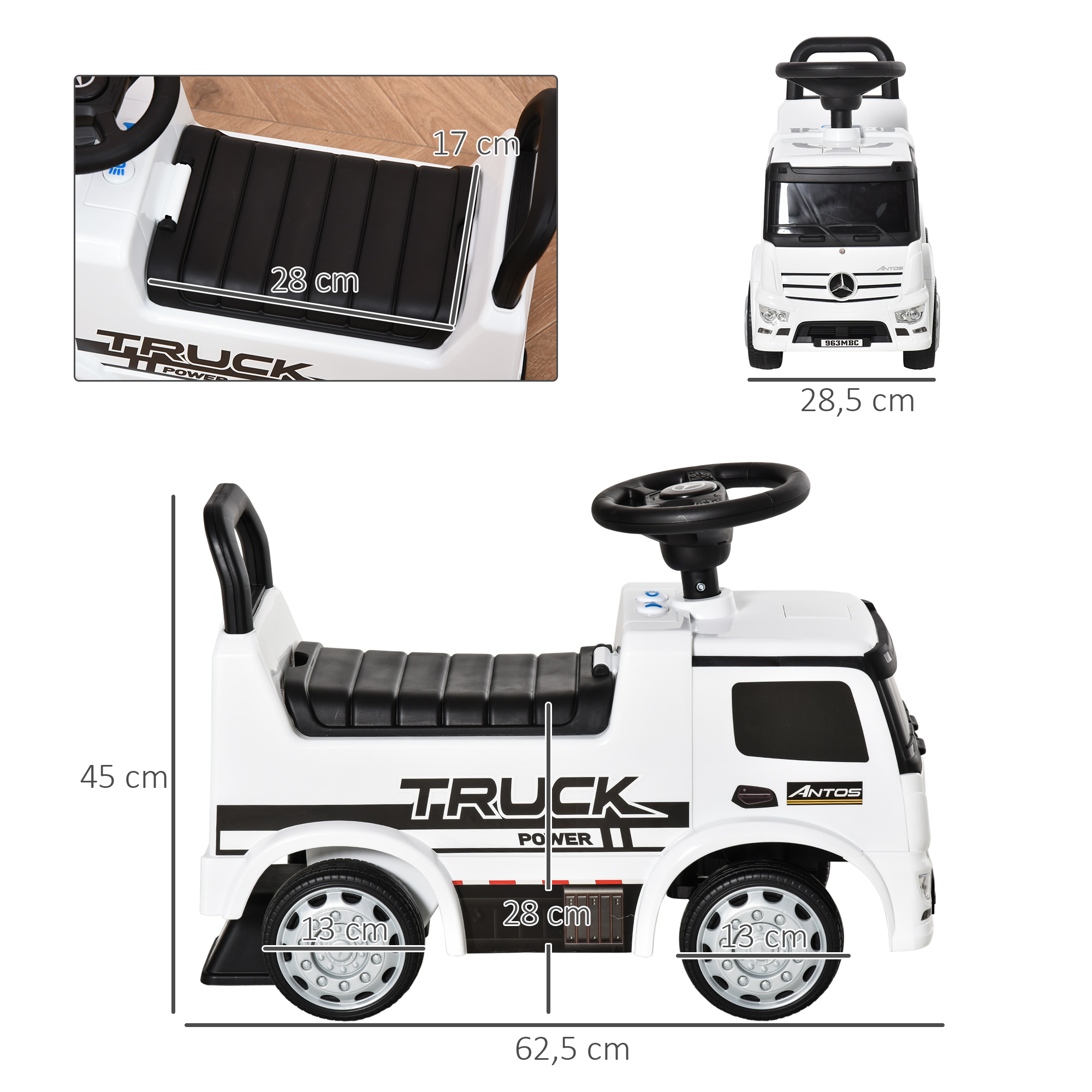 Rutscherfahrzeug Rutscherauto Babyrutscher Kinderfahrzeug lizenziert von Mercedes ANTOS-LKW-Stil mit Licht für Kinder von 12 bis 36 Monaten Metall PP-Kunststoff Weiß+Schwarz 62,5x28,5x45cm