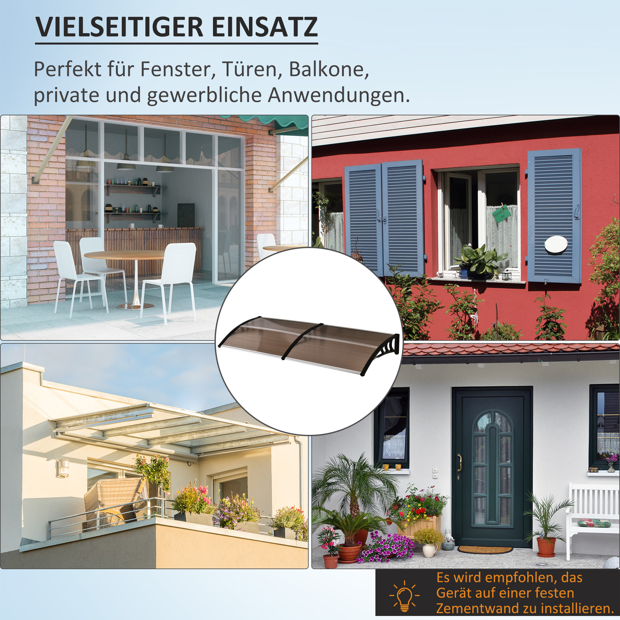 Vordach Schutzdach. 75 x 195 x 23 cm, UV-Beständig, Wasserbeständig, Braun