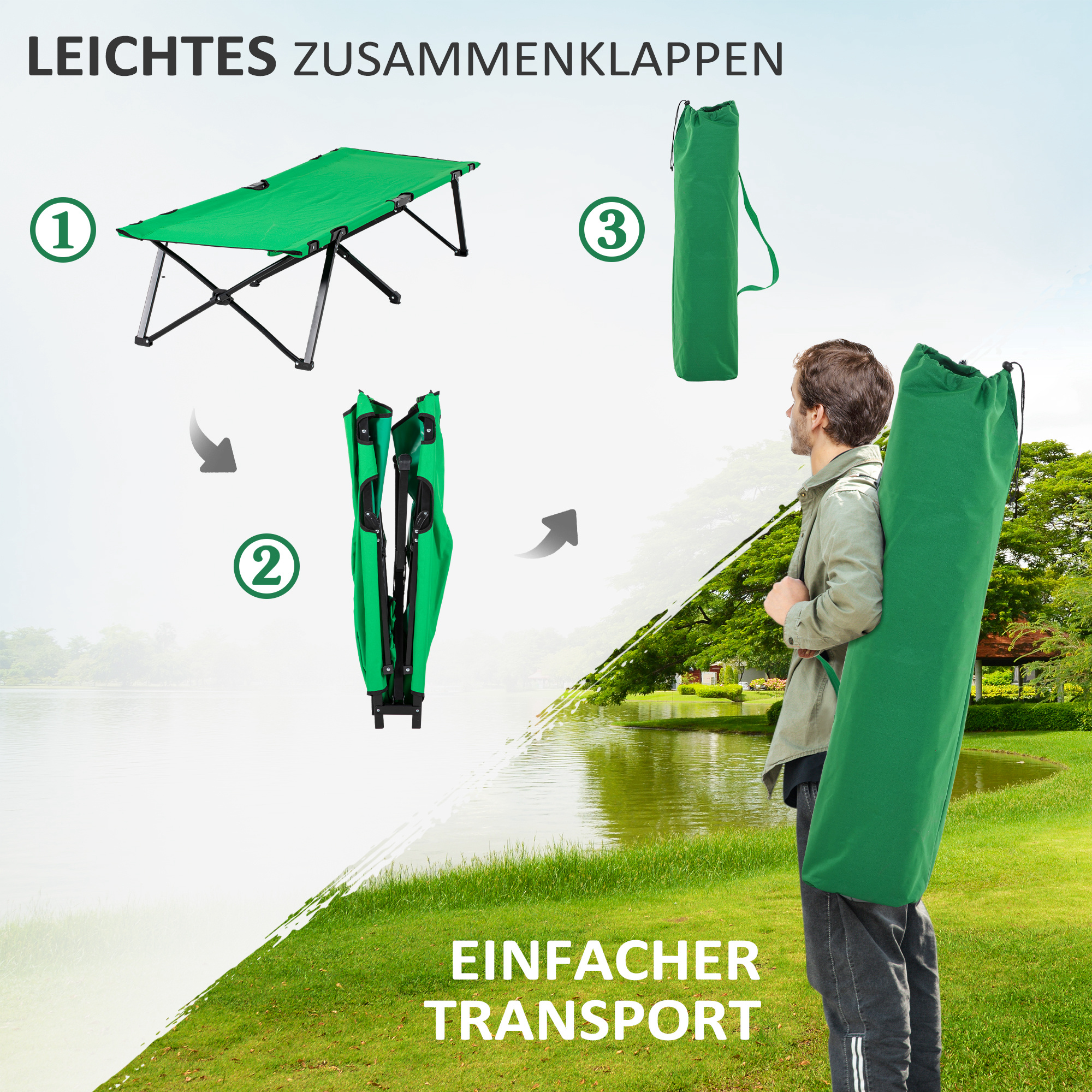 Campingbett Feldbett Klappbett klappbar mit Seitentasche Getränkehalter bis 136 kg belastbar Stahl Oxford Grün+Schwarz 190 x 65 x 40 cm