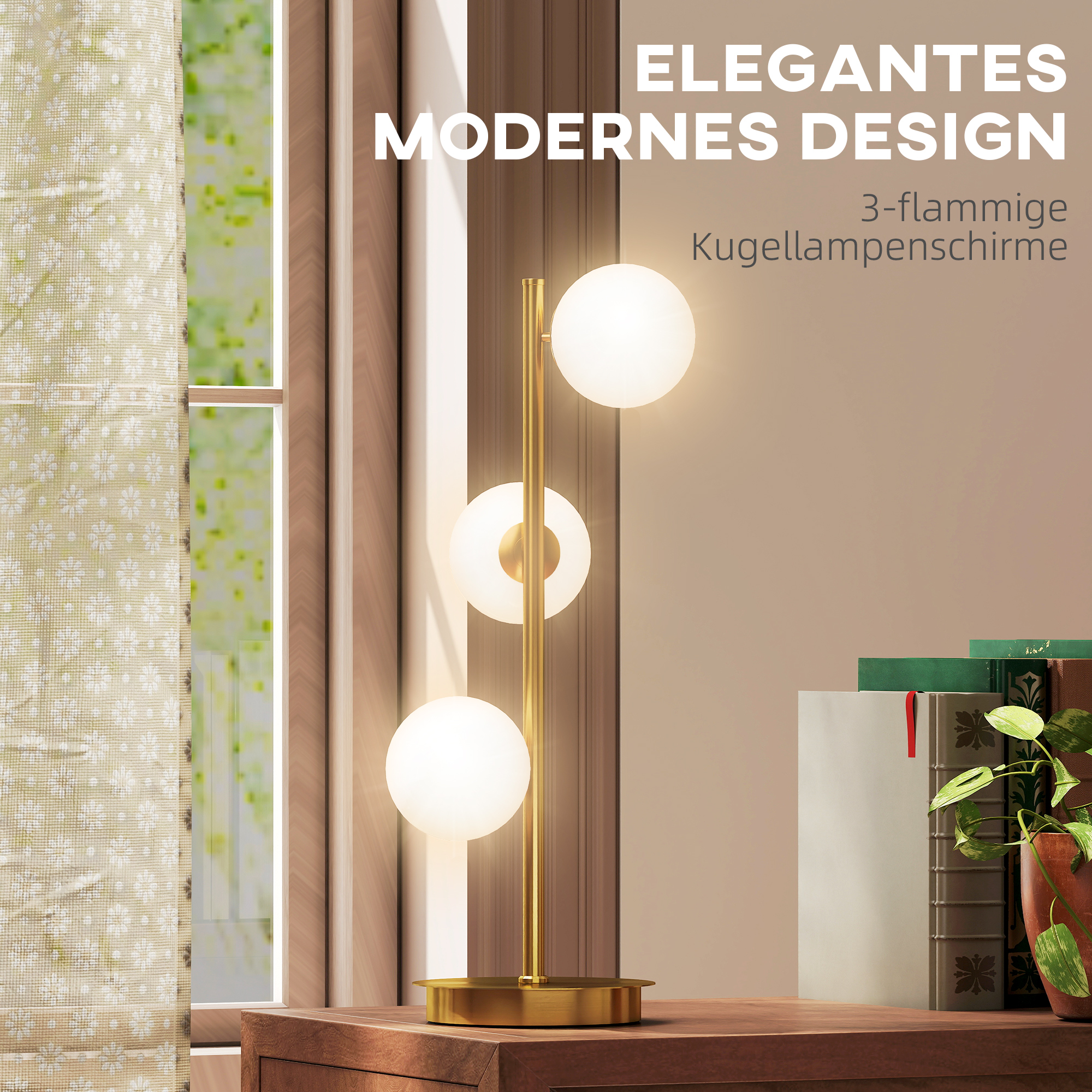 Tischlampe Tischleuchte mit 3 Kugelschirmen, mit stabilem Stahlfuß, G9-Fassungen, 24 x 24 x 53 cm, Messing