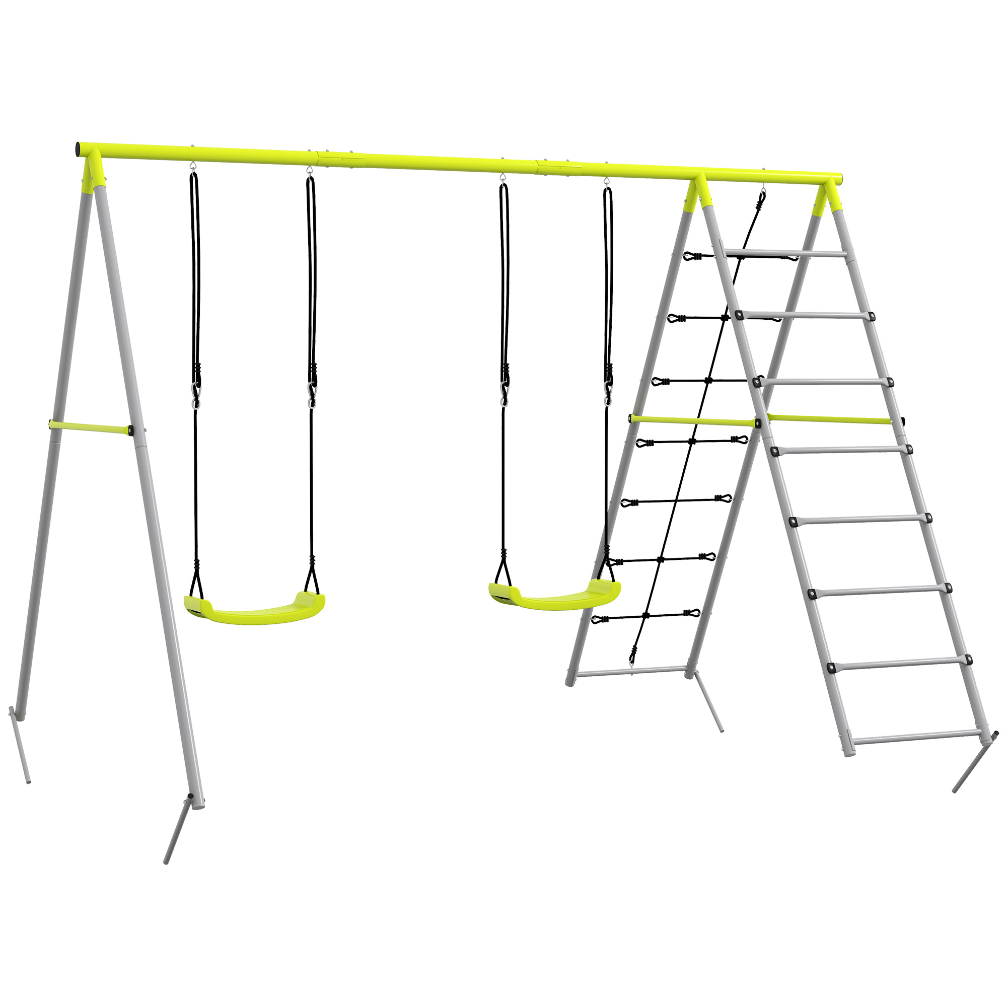 Kinderschaukel-Set, mit Kletternetz und Sprossenleiter, für Kinder 3-8 Jahre, Stahlgestell, Grün