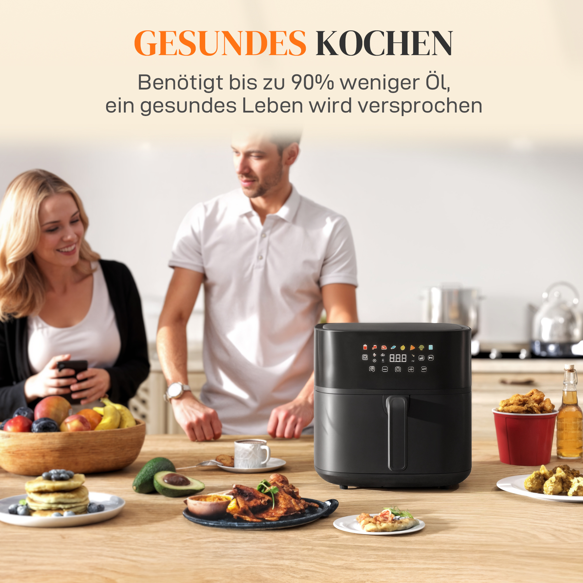 Heißluftfritteuse, Air Fryer, 8 Programme, 8 Liter, LED-Screen, Schwarz
