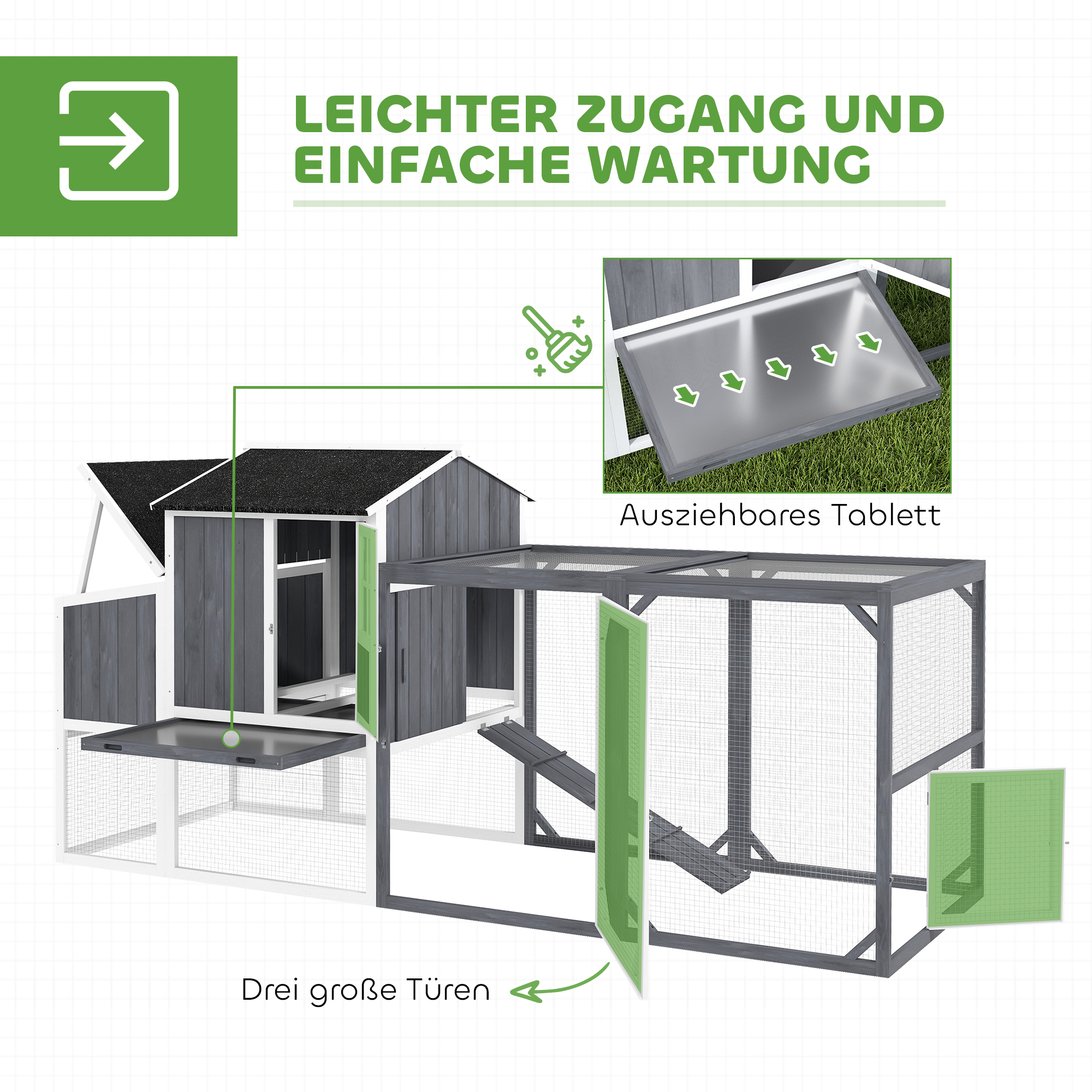 Hühnerstall mit Auslauf für 3-4 Hühner, 3-tlg. Nistkasten, 1,9 m² Fläche, Tannenholz, Grau