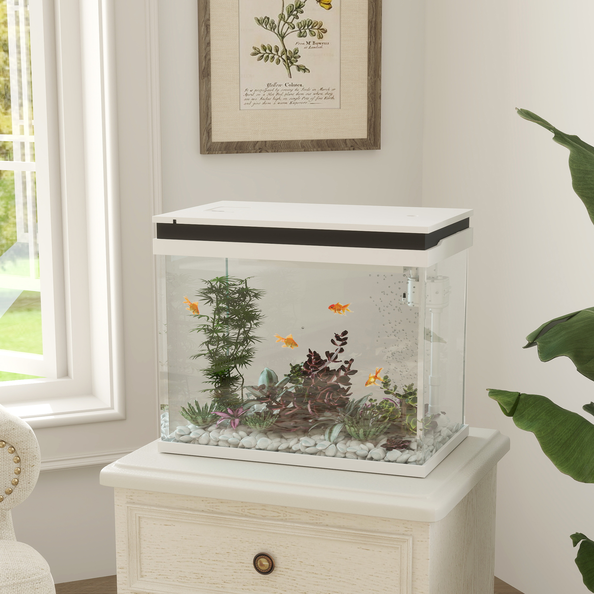 41 Liter Glas-Aquarium mit Filtersystem, LED-Lichtern, Wasserpumpe, für verschiedene Fischarten, Weiß