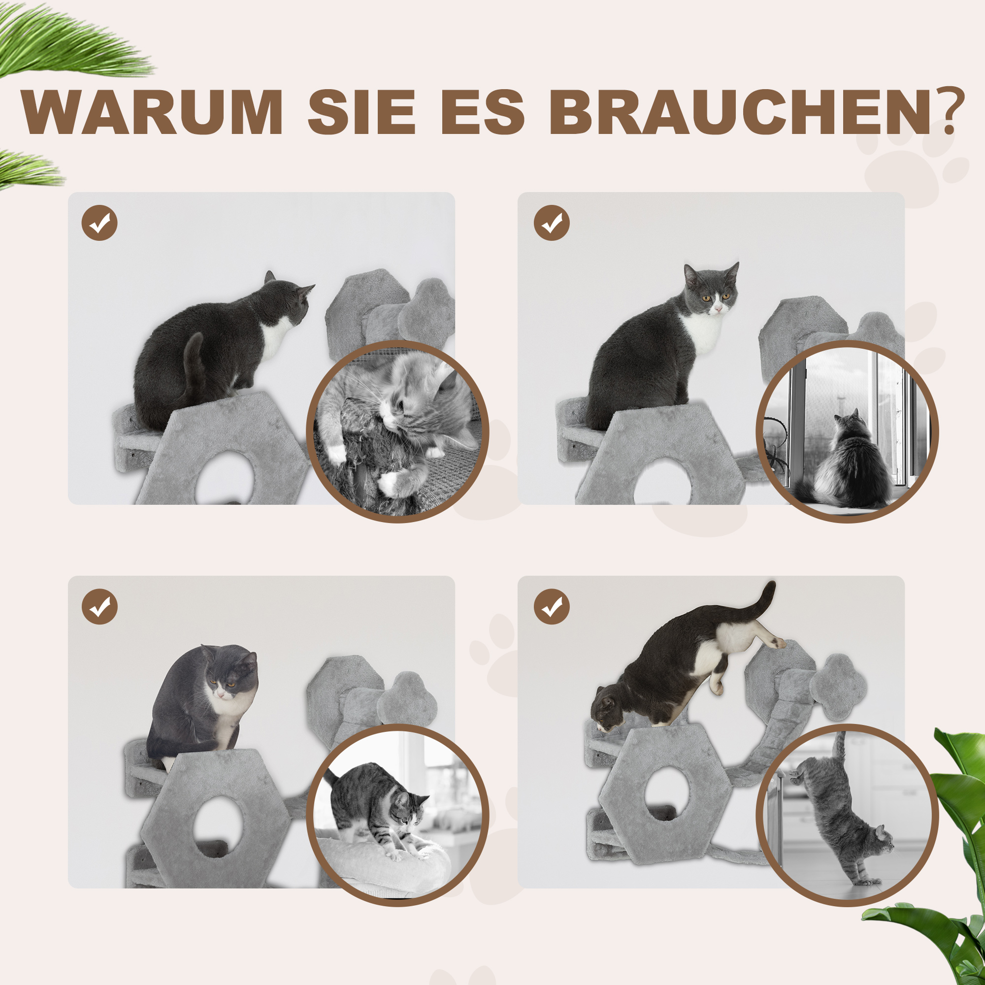 Katzen Kletterwand, inkl, Katzenhaus, Leitern, Spielball, platzsparend, Hellgrau