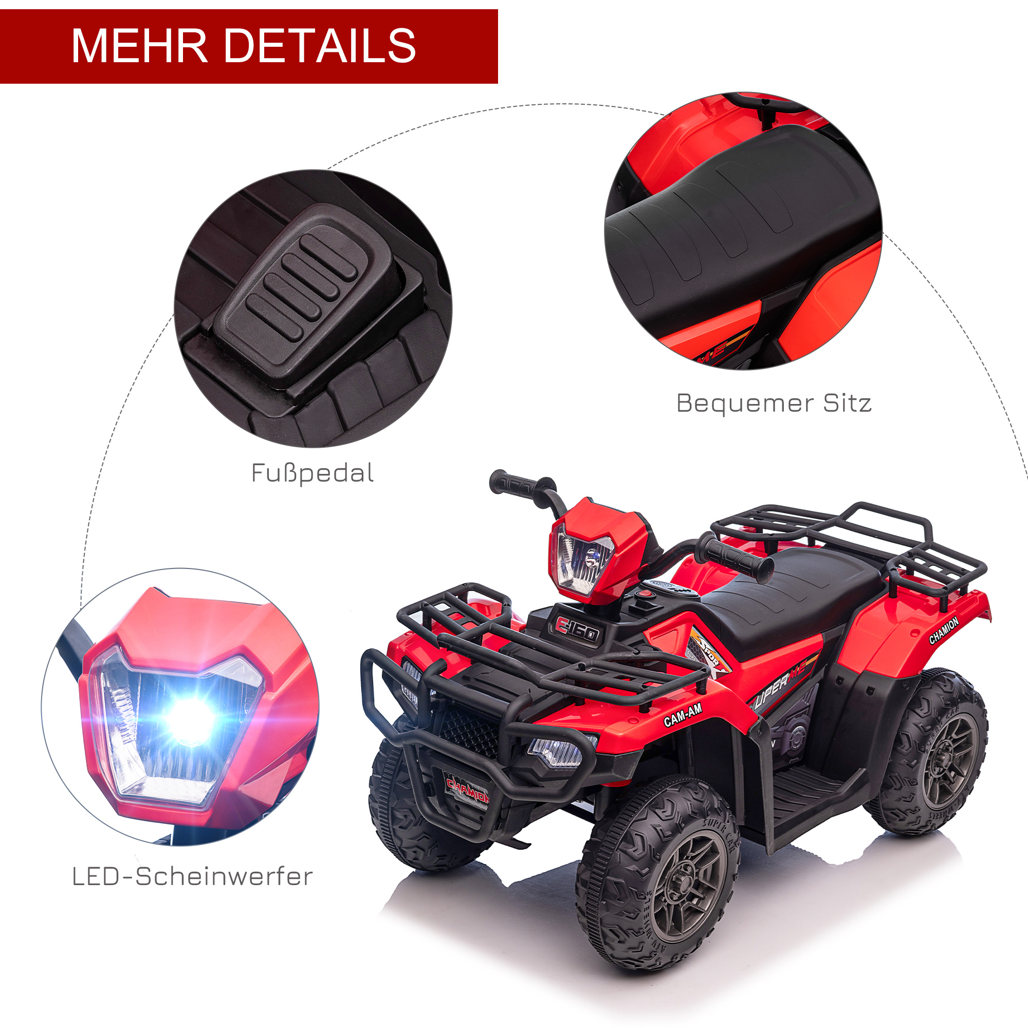 Kinderquad, max, 4 km/h, ab 3 Jahren, LED-Scheinwerfer, Musikanschluss, schwarz+rot 88 x 45 x 50 cm