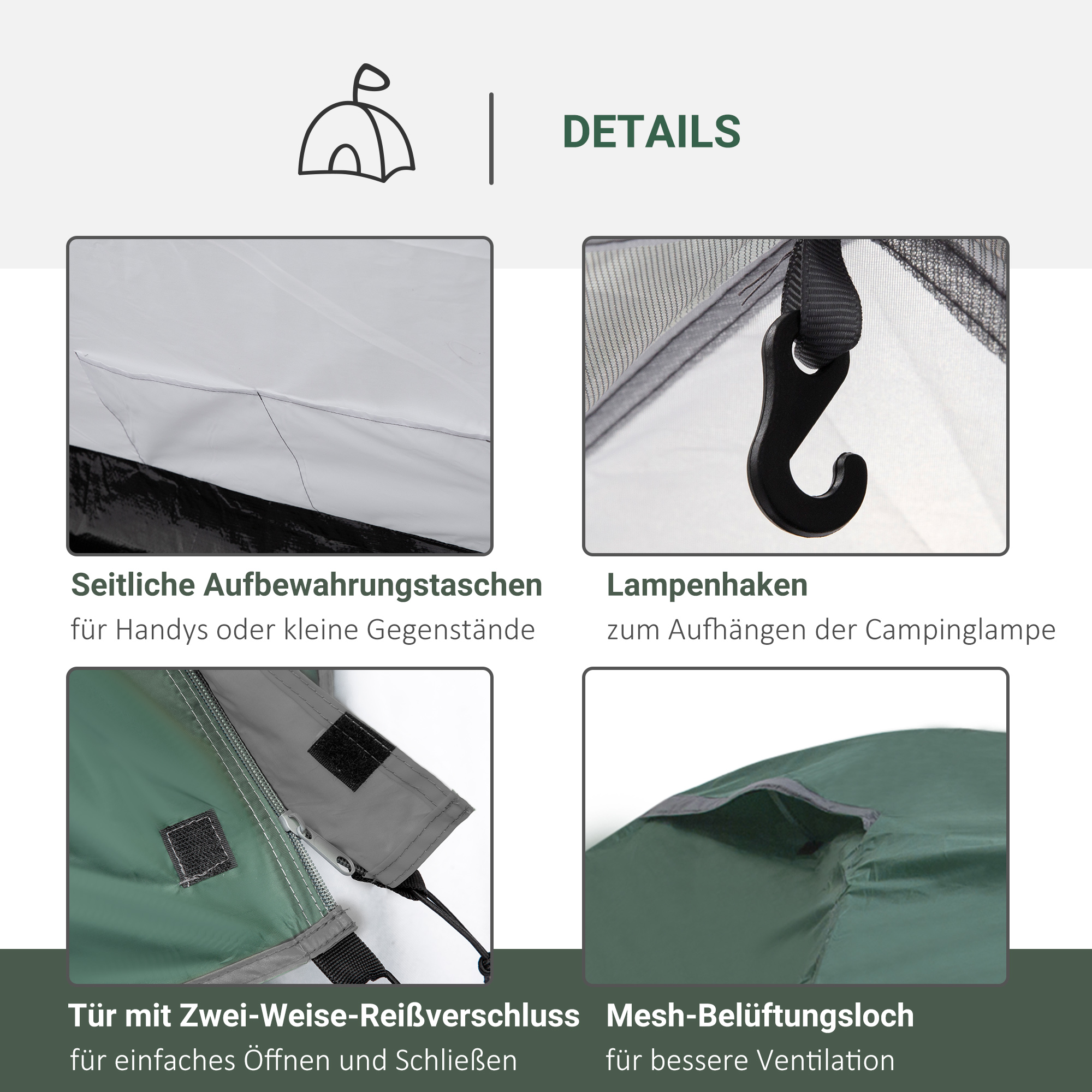 2-Personen-Campingzelt, Netzöffnungen, Lampenhaken, Tragetasche, Grau+Gelb