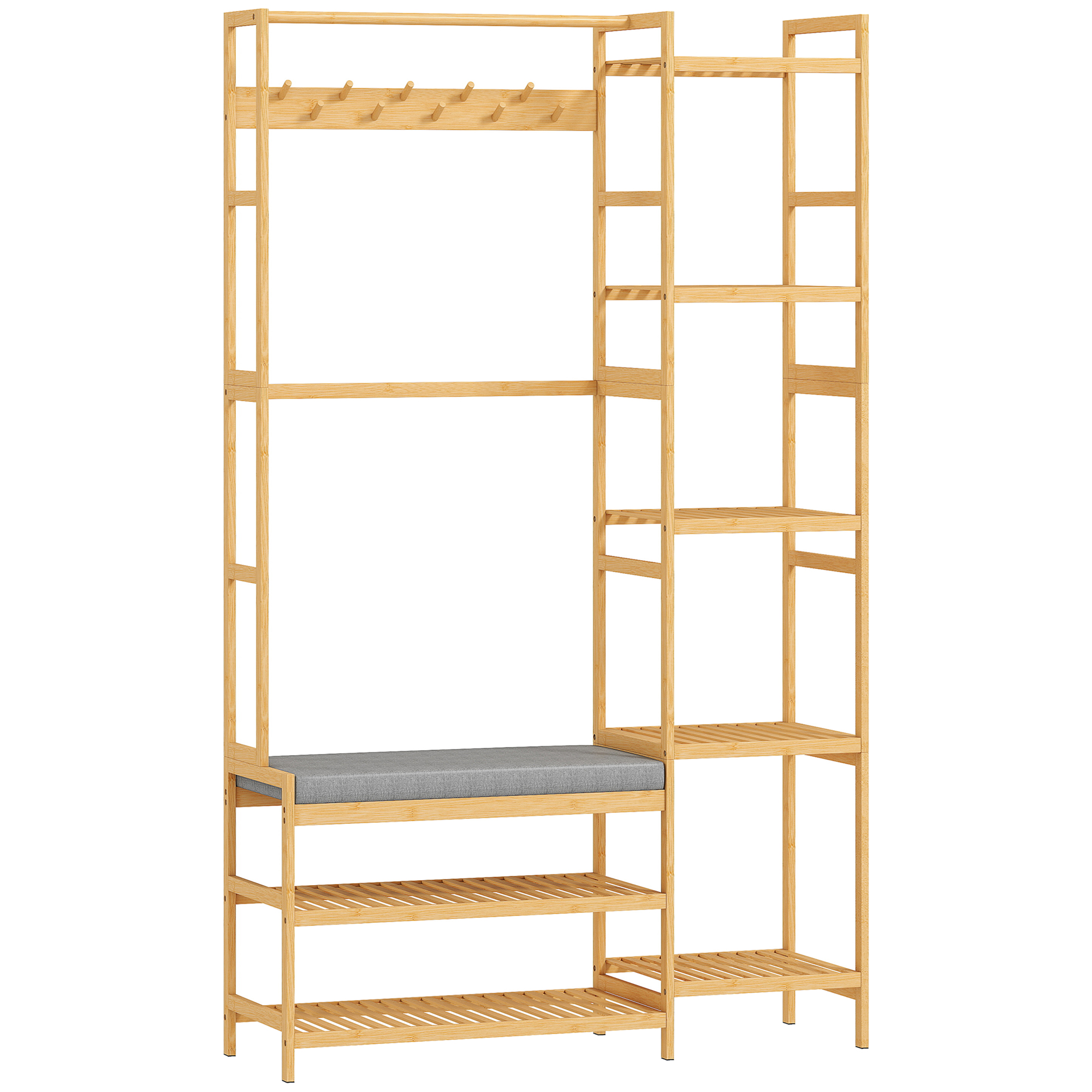 Garderobenständer mit Schuhregal, Kleiderhaken, Mantelständer, Sitzbank mit Kissen, für Flur, Eingangsbereich, Naturholz