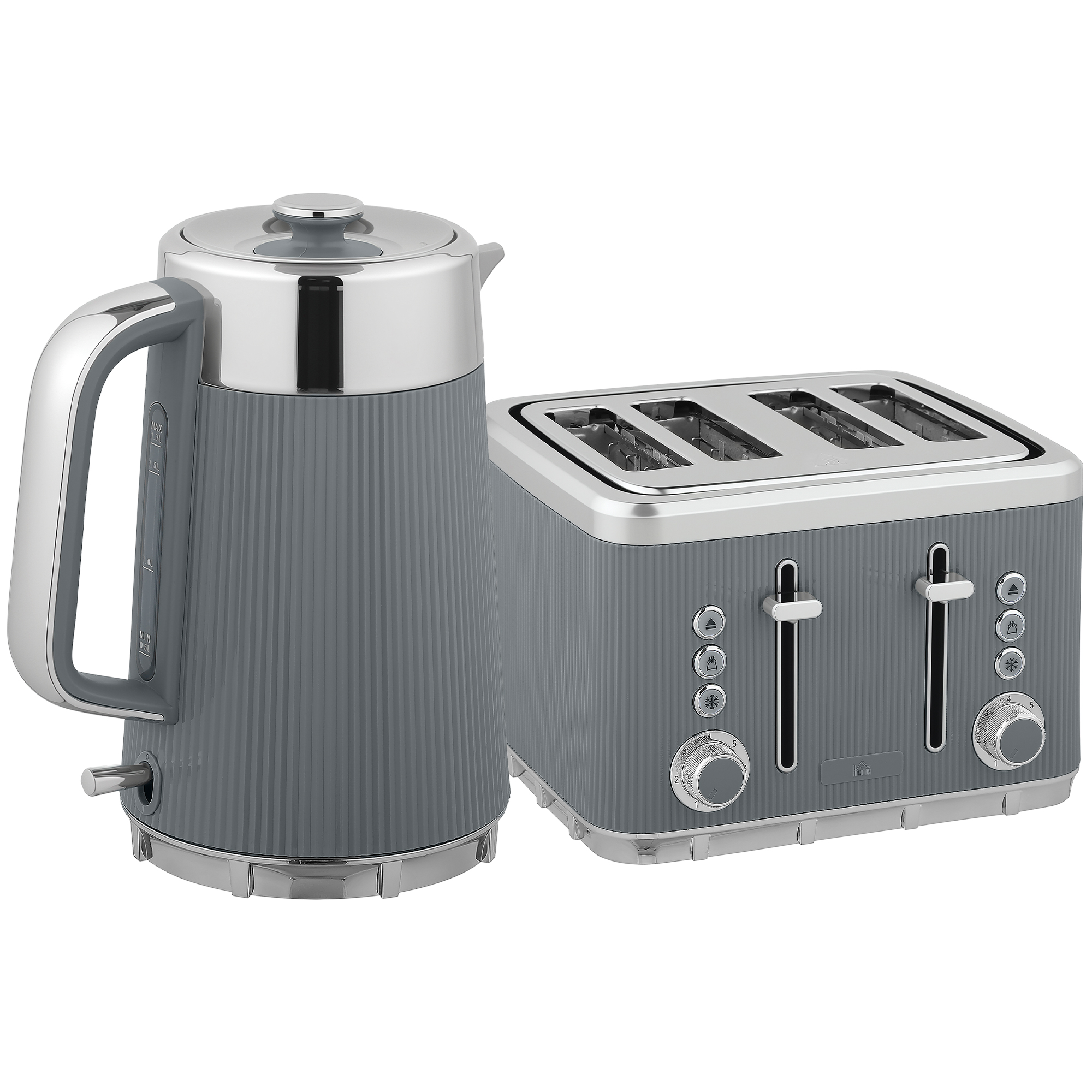 2200W, 1,7L Wasserkocher mit Schnellkochfunktion, Kalkfilter und 4-Scheiben-Toaster mit 7 Bräunungsstufen, Grau