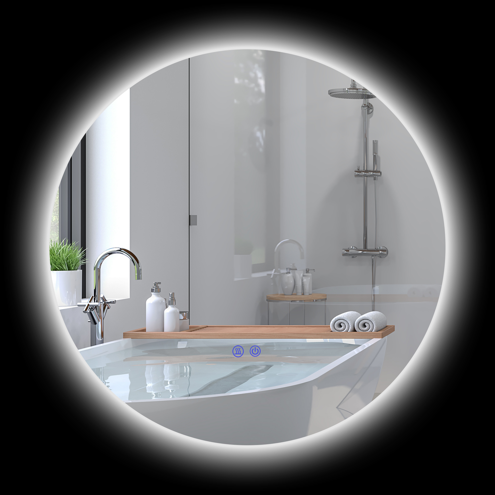 Badezimmerspiegel, LED, Farbwechsel, Antibeschlag, Touch-Schalter, IP44, Ø 60 cm, Weiß Badezimmerspiegel, LED, Farbwechsel, Antibeschlag, Touch-Schalter, IP44, Ø 60 cm, Weiß