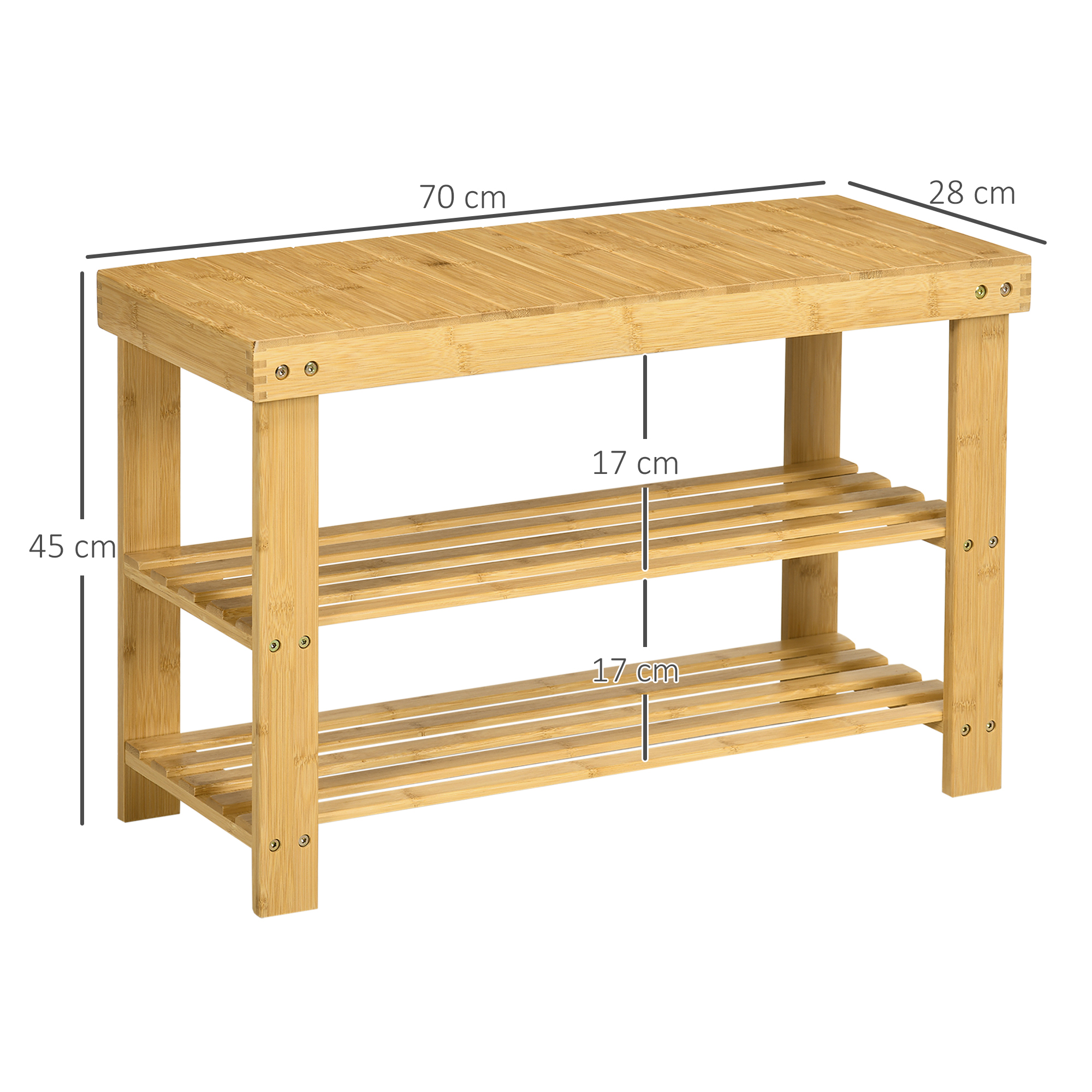 Schuhbank, 3 Etagen, Platz für 6-9 Paar Schuhe, bis 130 kg, Bambus, 70 x 28 x 45cm
