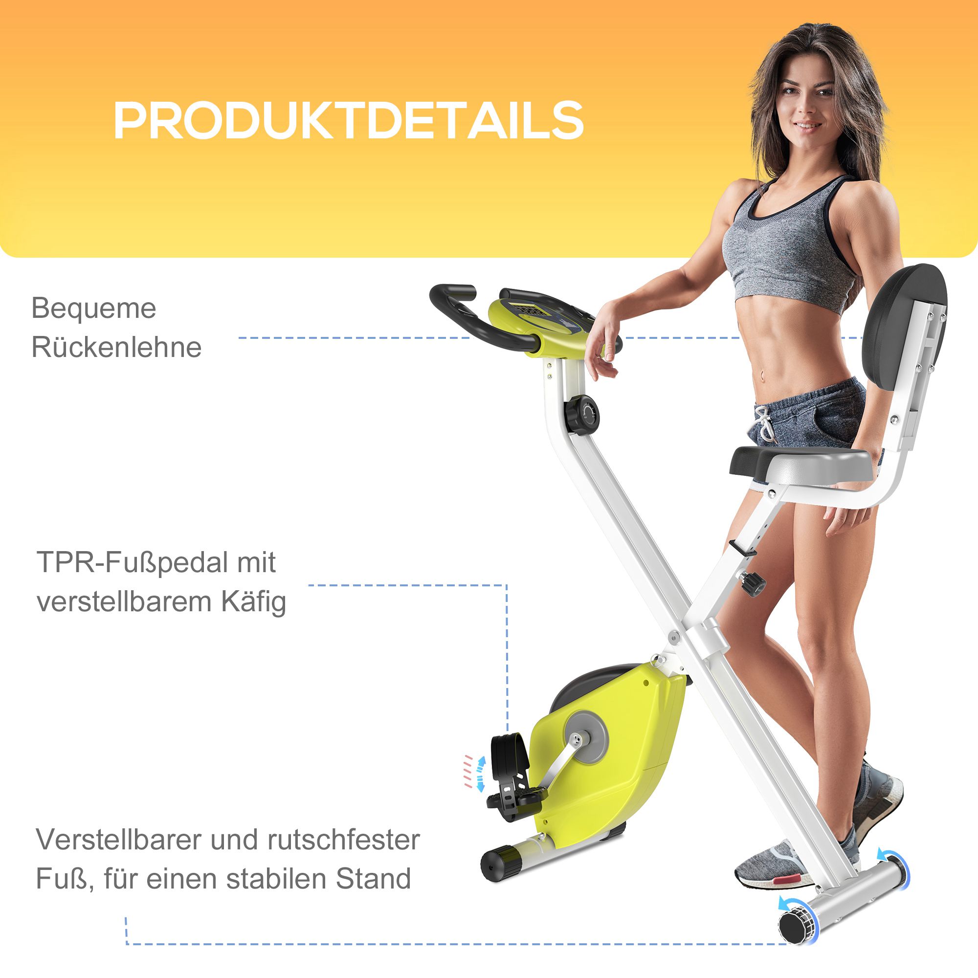 Heimtrainer Fahrradtrainer klappbar Magnetisch Hometrainer Fahrrad mit LCD Monitor, 8 stufig einstellbarem Magnetwiderstand, Platzsparend Fitnessbikes für Zuhause Gelb+Weiß