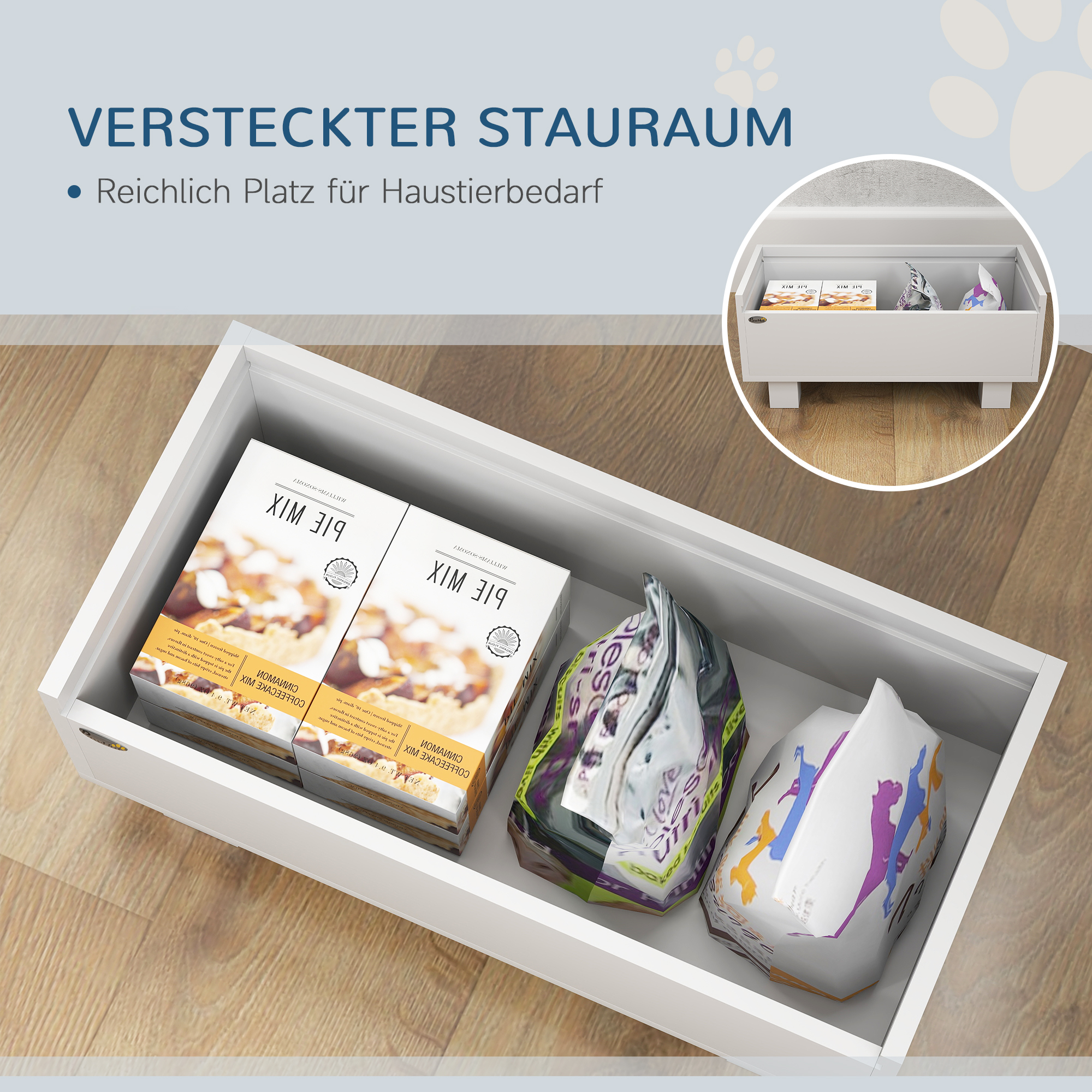 erhöhte Fütterungsstation für Hunde, mit abnehmbarer Slow-Feeder-Matte, 2 Aluminiumschüsseln, Stauraum, Weiß