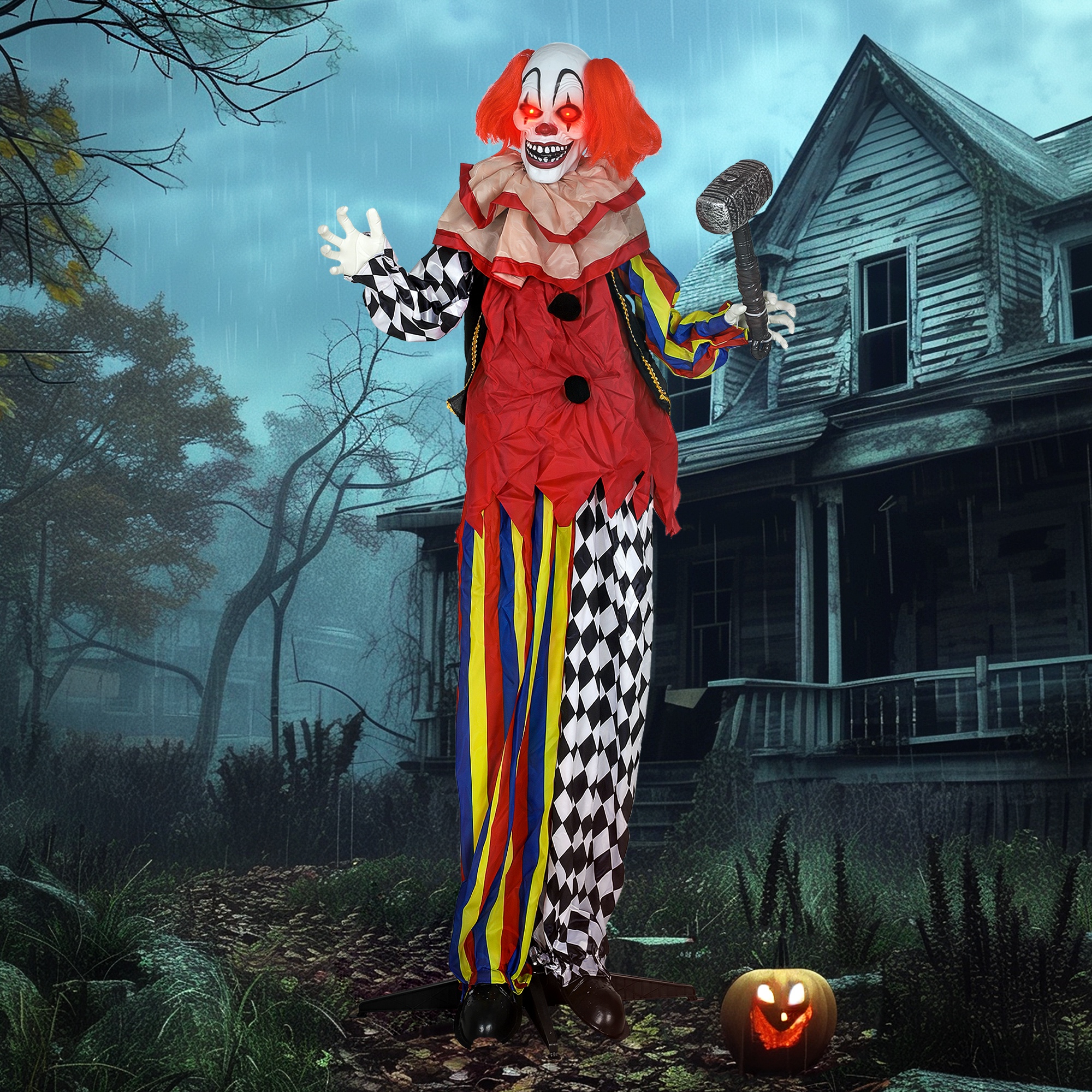 Grusel-Clown, Halloween-Animatronik, 173 cm, leuchtende Augen, Geräusch-Aktivierung, bewegliche Arme und Kopf, Batteriebetrieb, Kunststoff, Metall, Rot