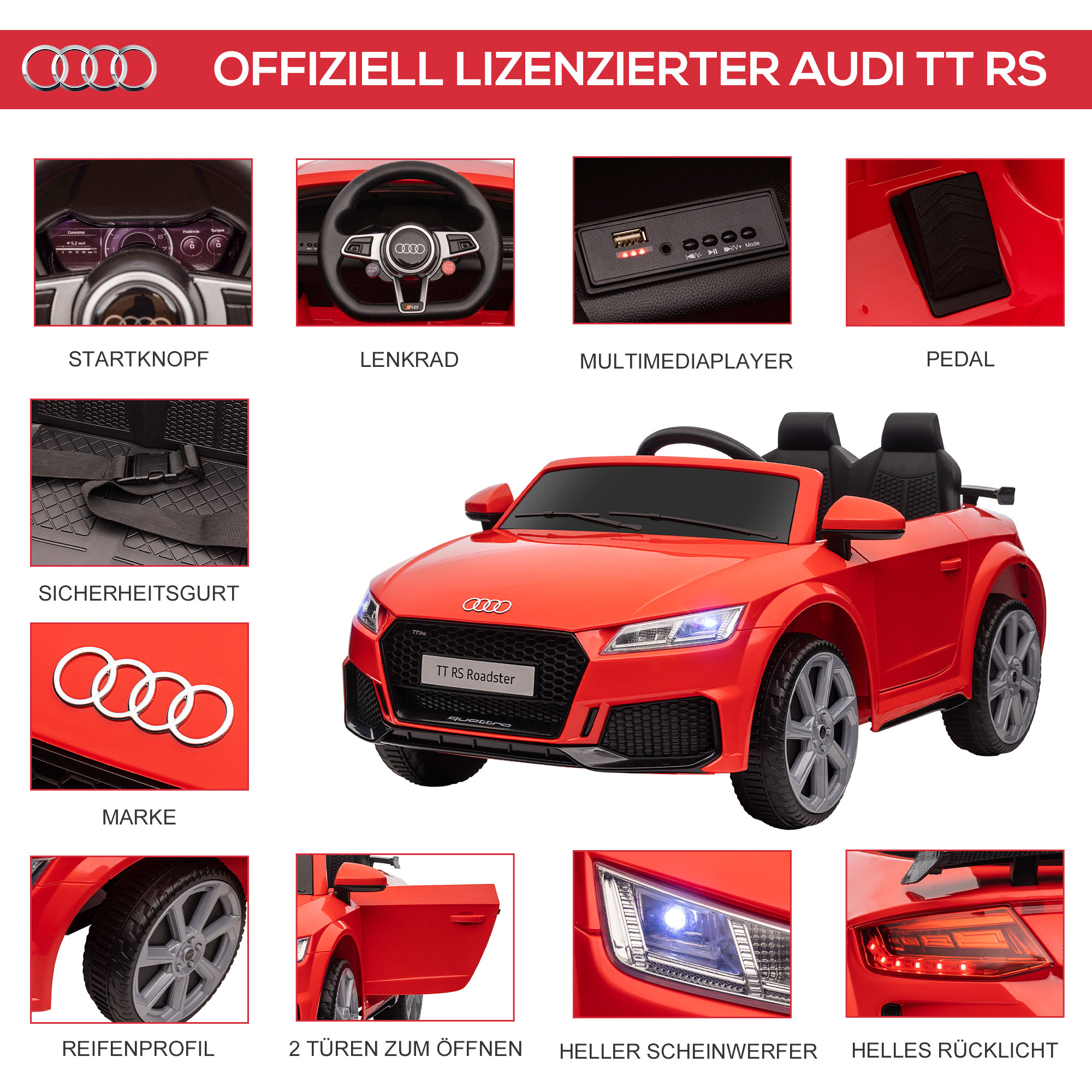 Kinderfahrzeug Audi 12V mit 2,4G Fernbedienung, Musik, Hupe, Elektrofahrzeug mit LED-Leuchte, USB/MP3-Anschluss, Rückwärtsfunktion, für Kinder 3-5 Jahre, rot