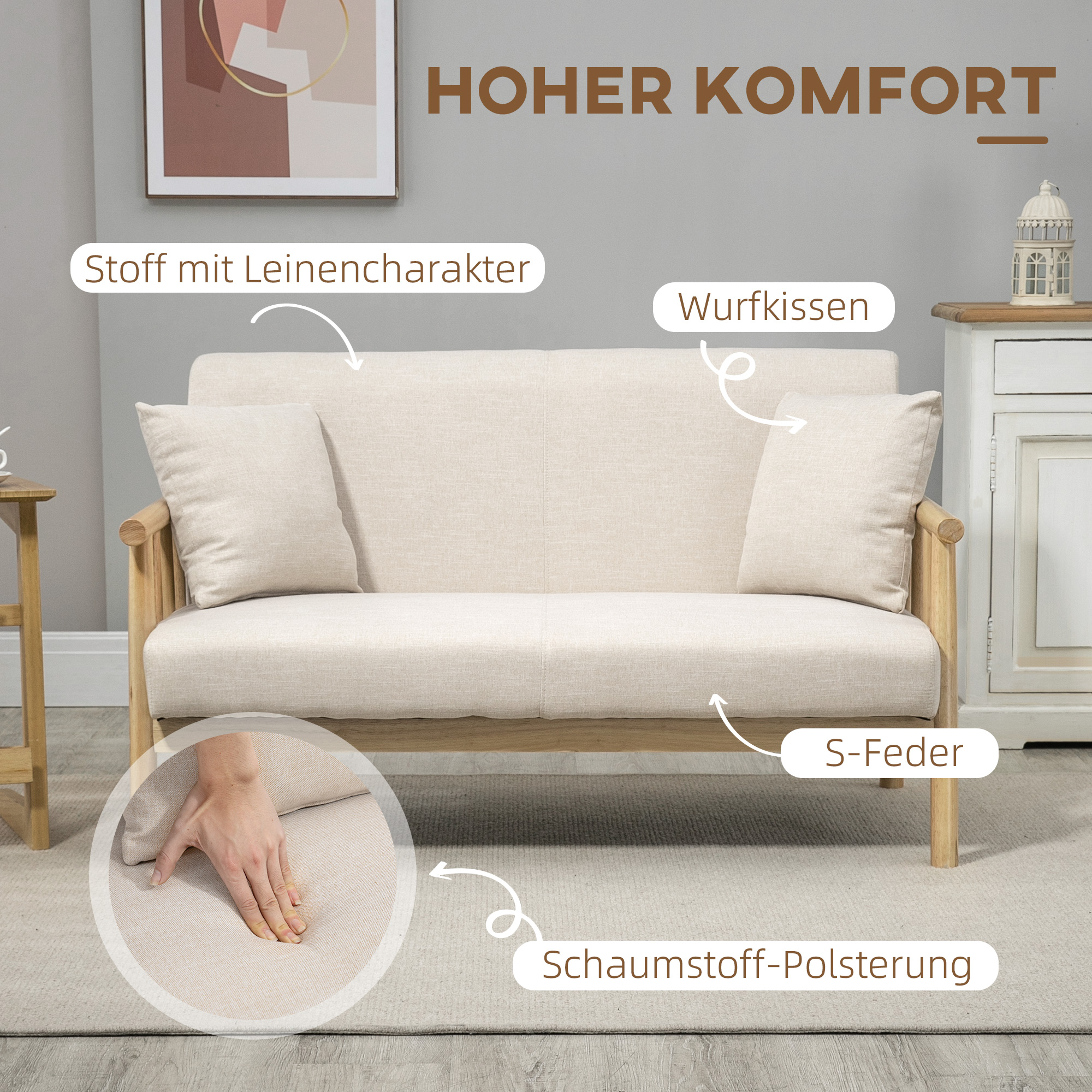 2-Sitzer Sofa, Stoffbezug in Leinenoptik, kompakt, bis 200 kg, Holzrahmen, 123L x 69B x 74H cm, Beige