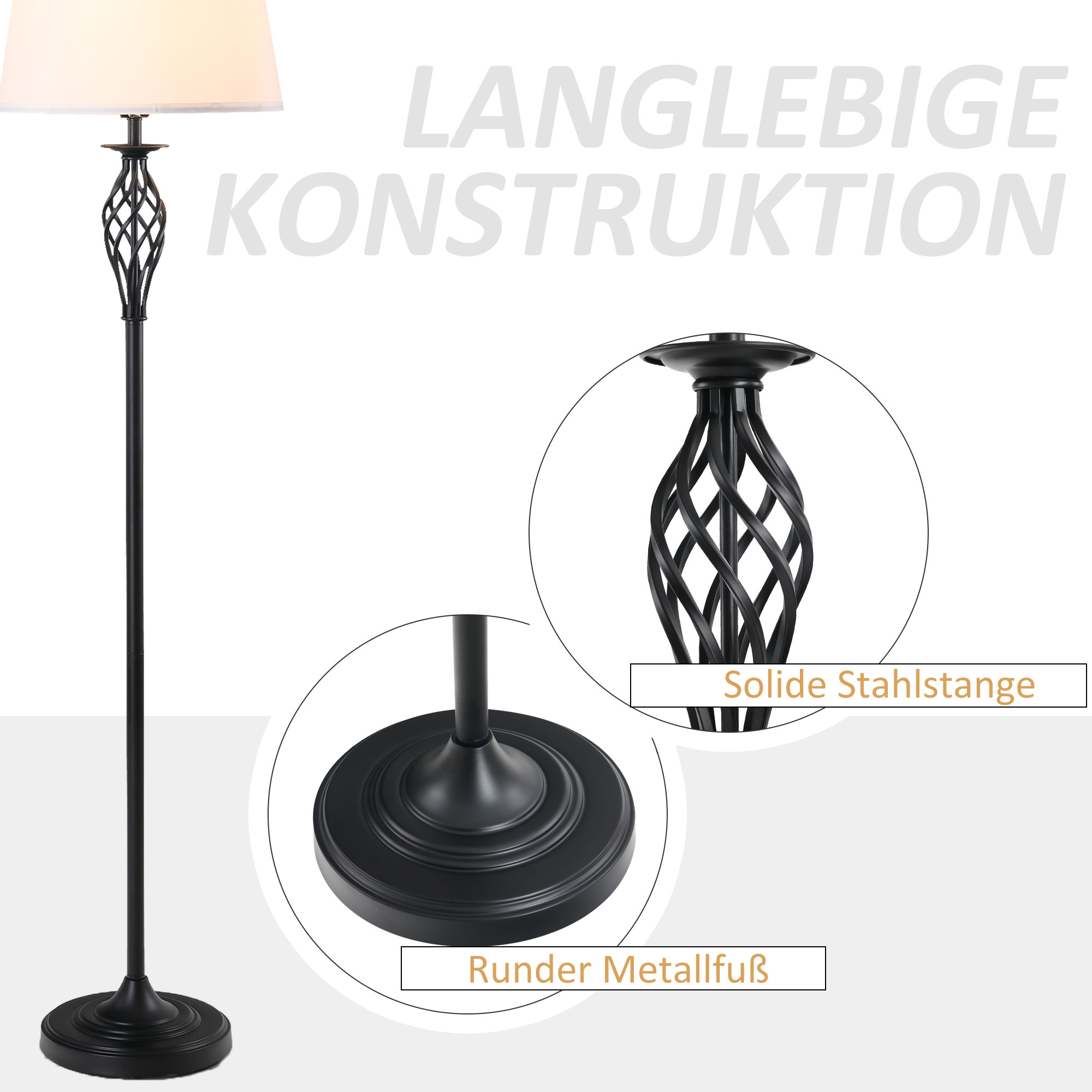 3er-Lampenset 2 Tischlampe(ø38 x 158H cm) + 1 Stehlampe(ø30 x 62H cm) Vintage Standlampe mit Fußschalter Leselampe für Wohnzimmer, Schlafzimmer Metall, Schwarz+Weiß