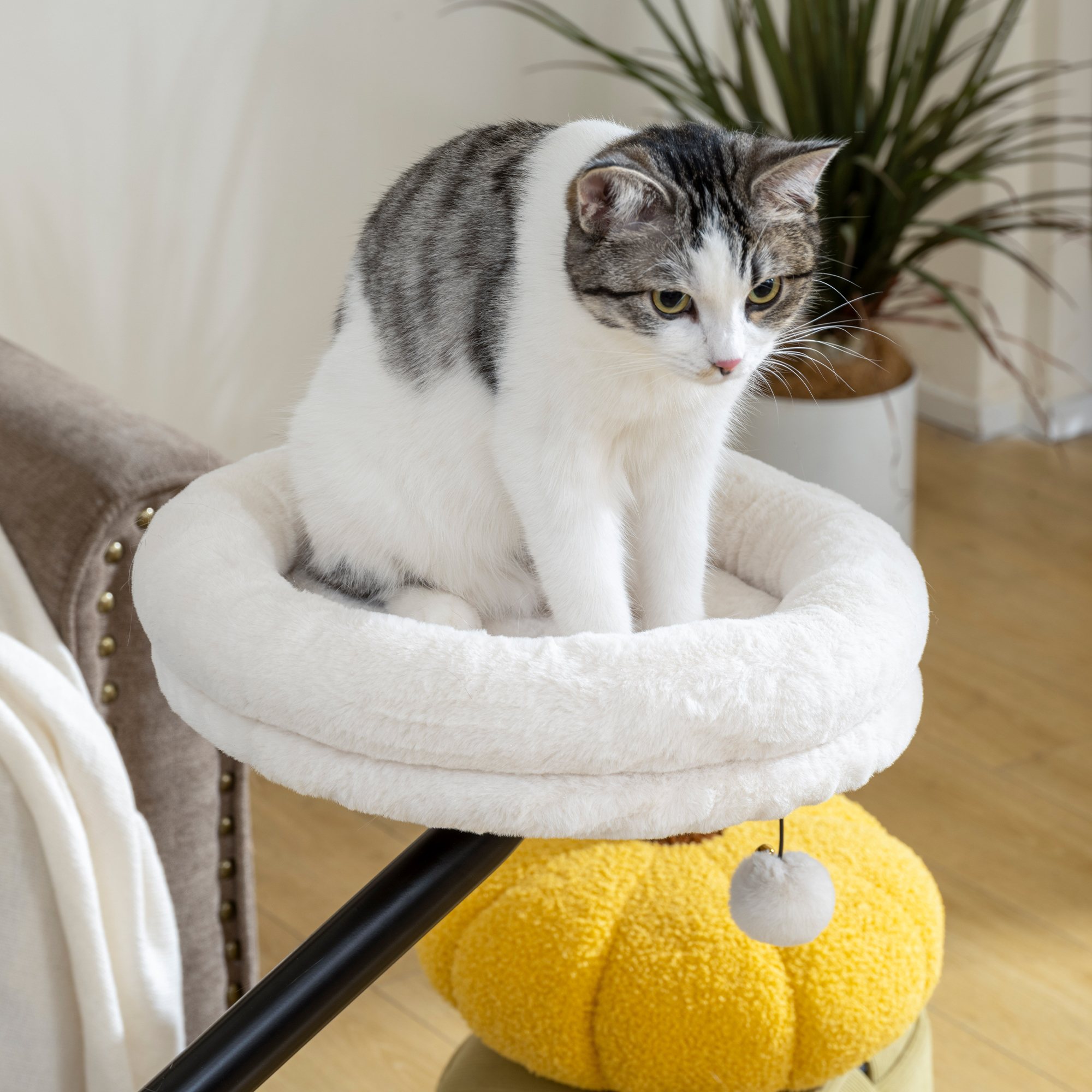 Katzen-Schreibtischbett, Katzenbett für Schreibtisch mit 360°Drehung, verstellbarer Höhe, Katzenliege mit abnehmbarem, maschinenwaschbarem Bett, für Katzen unter 6 kg, Heimbüro, Cremeweiß