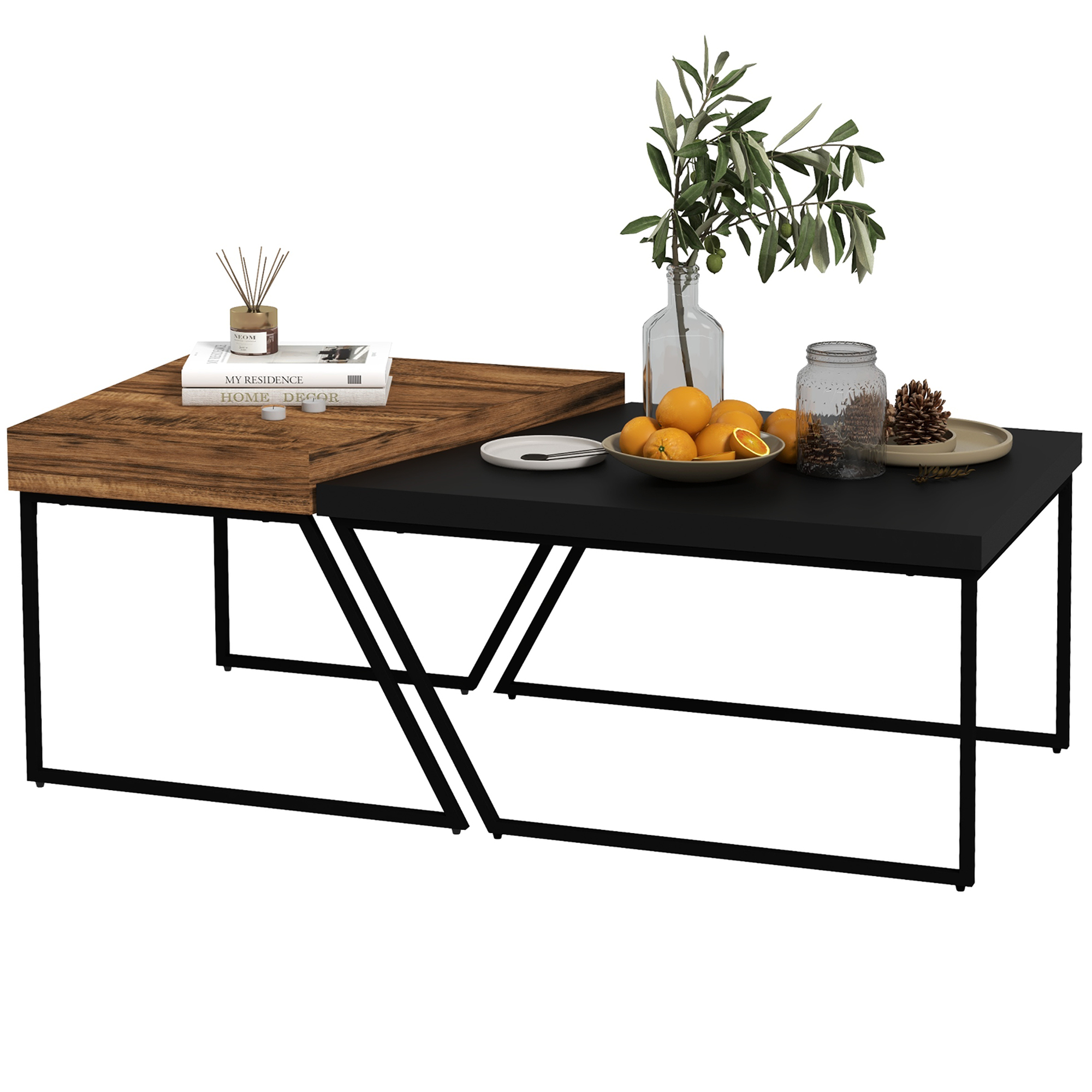 Couchtisch-Set, 2 Beistelltische, Industrial Design, Stahlrahmen, Holz/Schwarz Couchtisch-Set, 2 Beistelltische, Industrial Design, Stahlrahmen, Holz/Schwarz