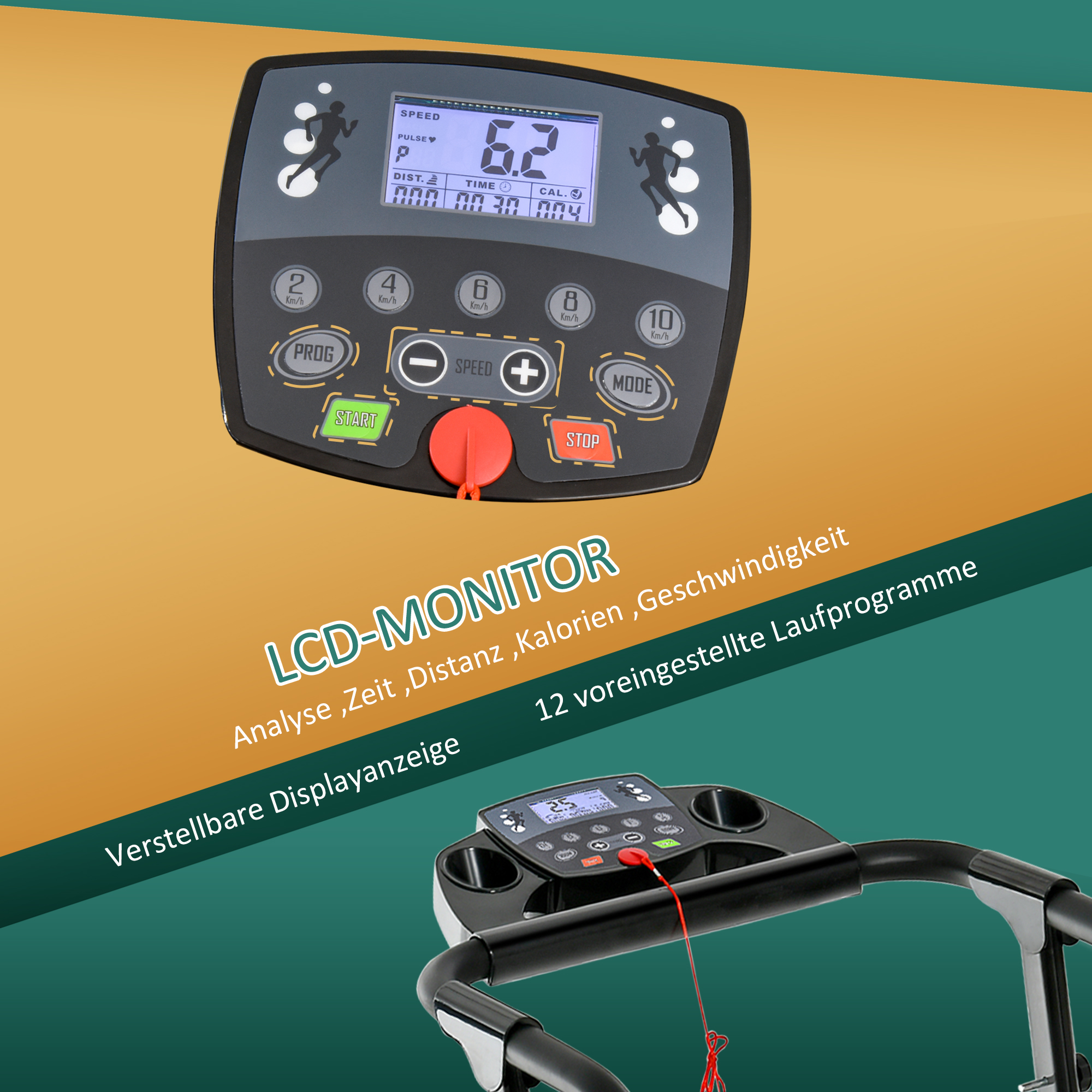 Elektrisches Laufband, faltbar, mit LCD-Display, Geschwindigkeit 0,8-10km/h und 3 Programme, Leistung 500 W, 123 x 62 x 117 cm, Schwarz