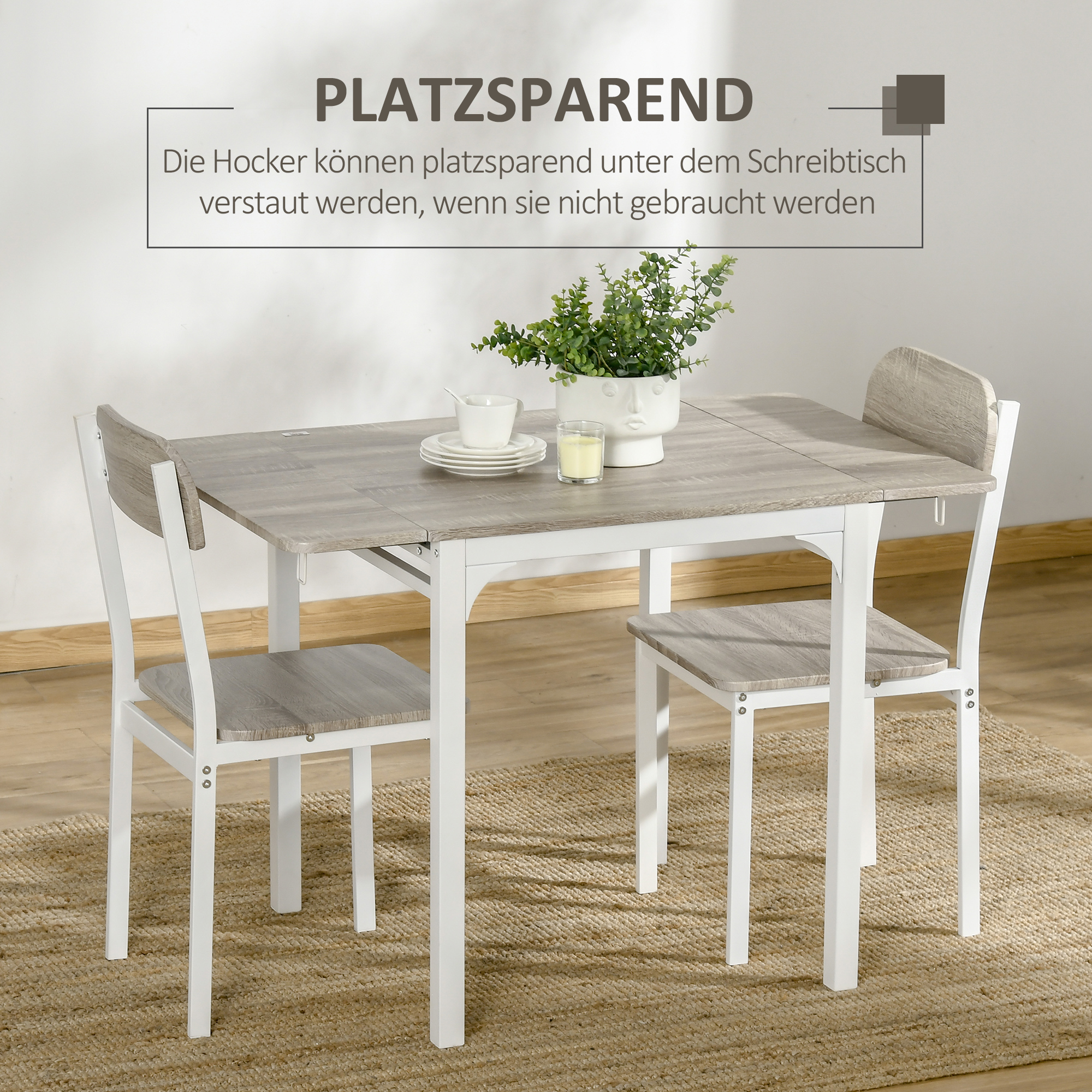 2-teilige Sitzgruppe, Klappbarer Esstisch mit 2 Stühlen, Klapptisch, 110 cm x 70 cm x 75 cm, Weiß + Natur