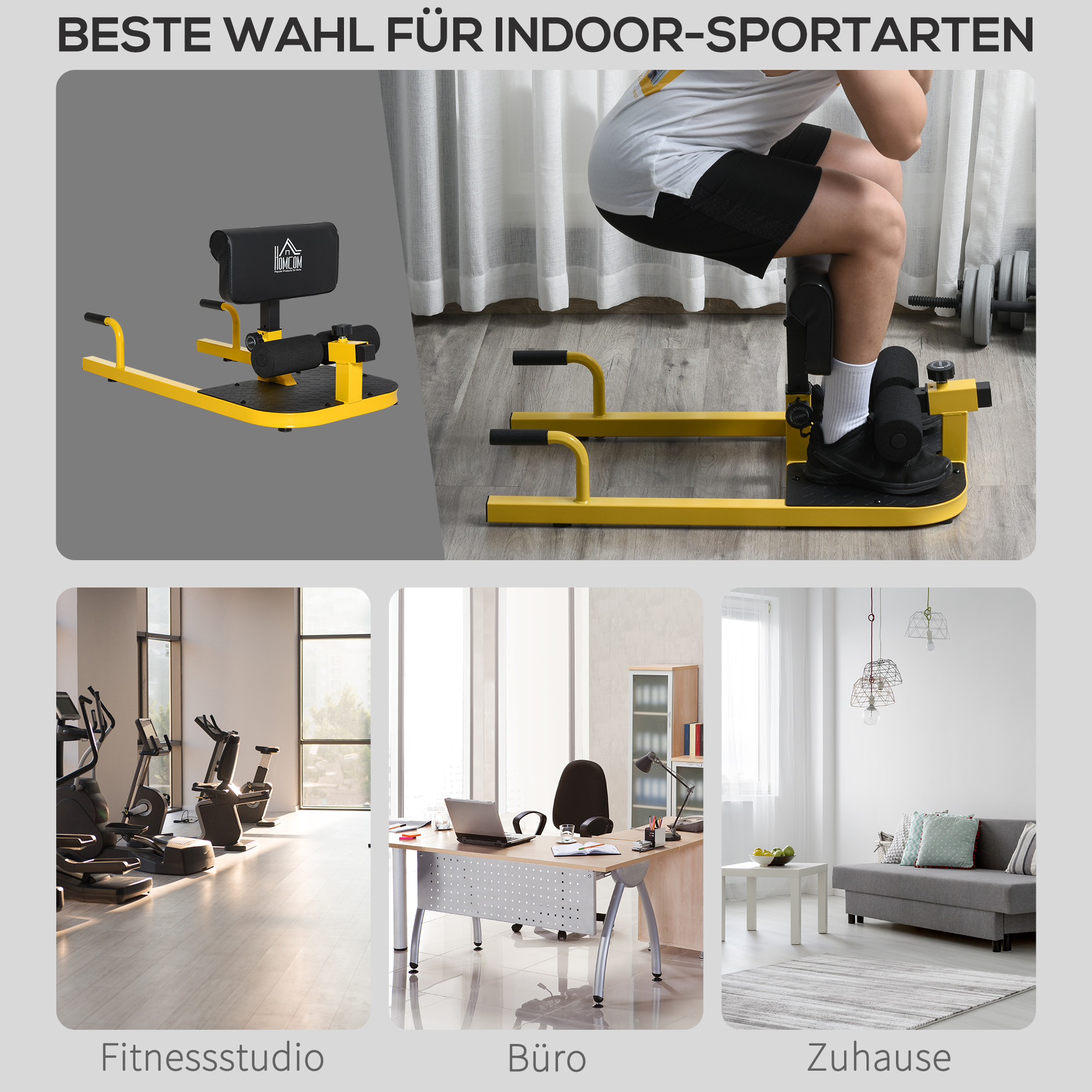 Sissy Squat Kniebeugentrainer Beintrainer Bauch-Gesäß-Trainer 3 in 1 Trainer verstellbar bis 120 kg Stahl Gelb+Schwarz 50 x 97 x (44,5-56,5) cm