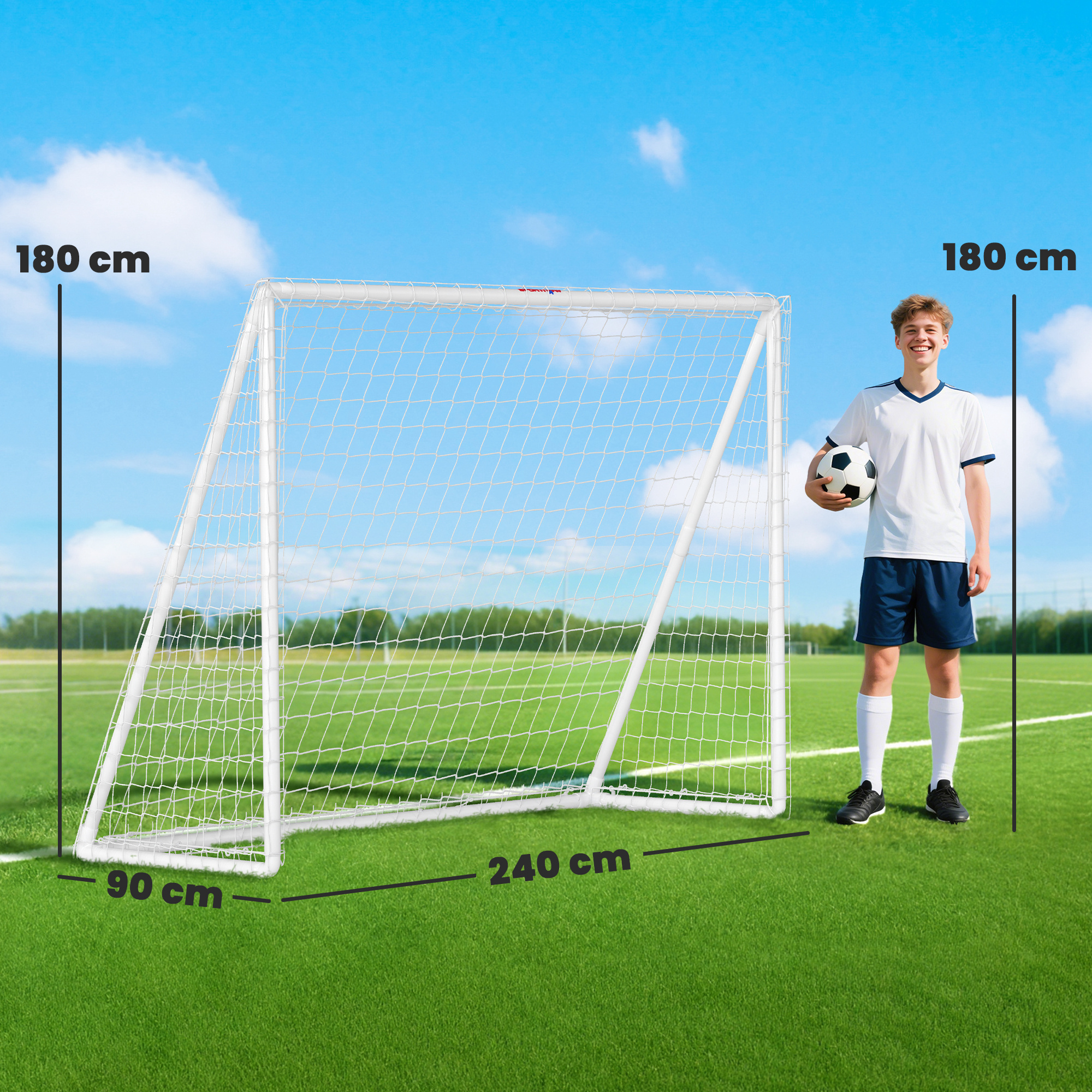 Fußballtor, robustes Netz, Kunststoff-Rahmen, Heringe, 240L x 90B x 180H cm, Weiß