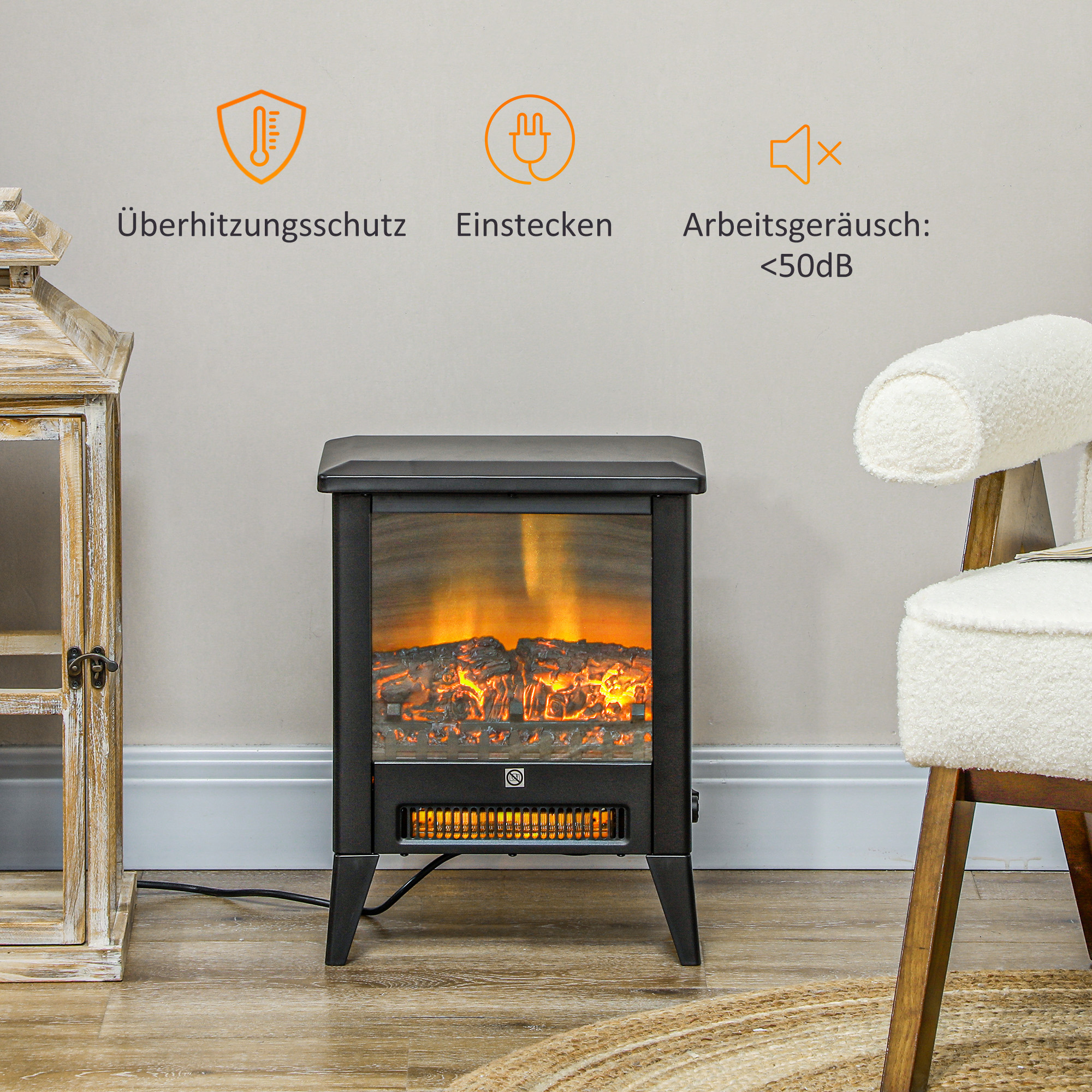 Elektrischer Kamin mit realistischem Feuereffekt, Überhitzungsschutz und niedrigem Geräuschpegel, 1800W, Schwarz