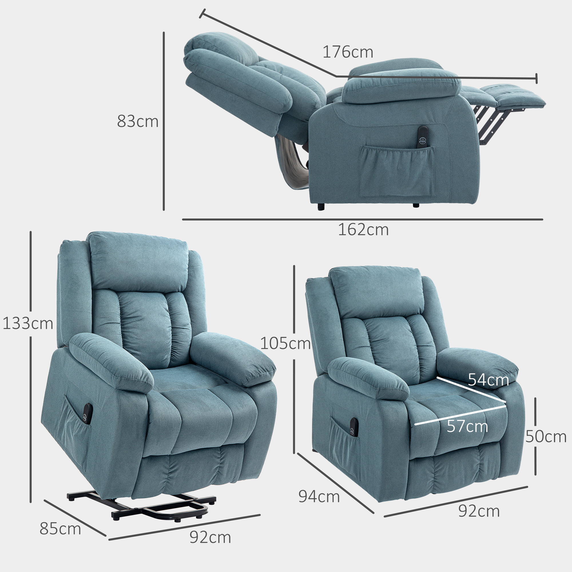 Aufstehsessel mit weichem Bezug, Recliner-Sessel mit Fernbedienung und Seitentaschen, Blau
