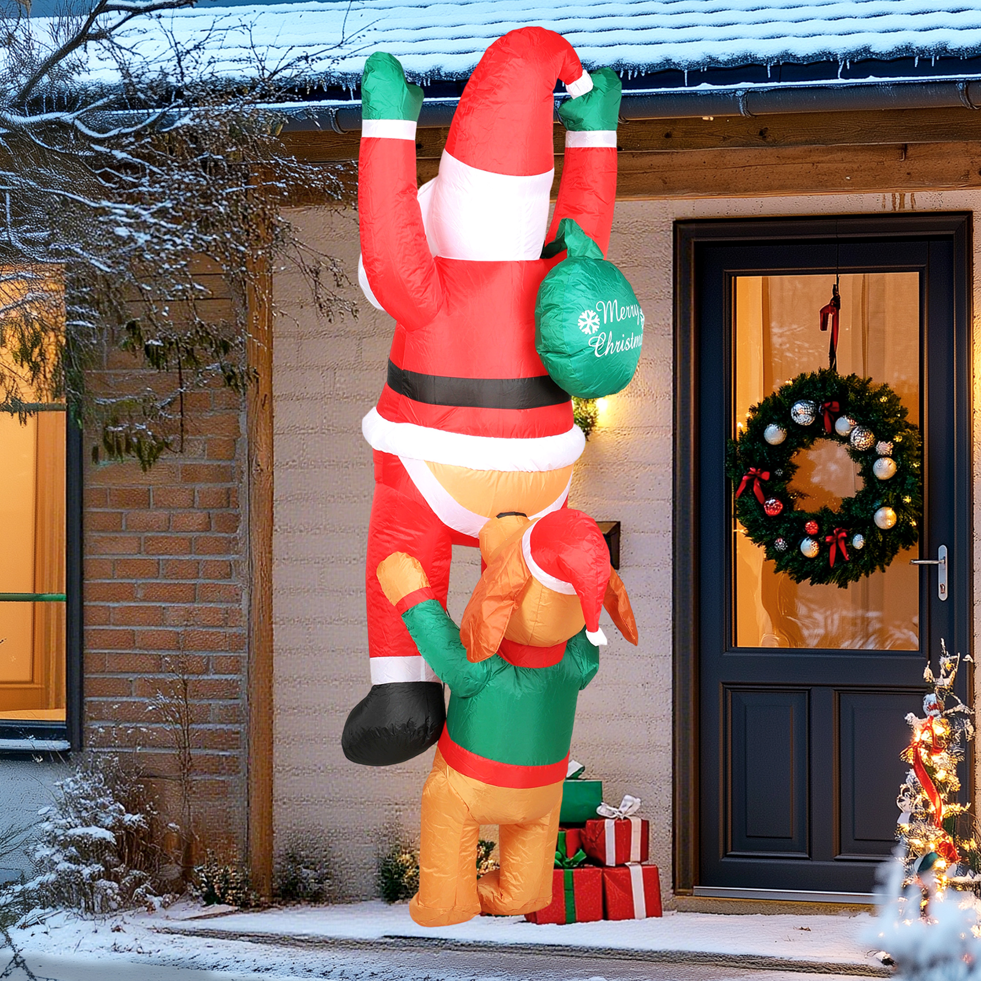 Aufblasbare Weihnachtsdeko, Aufblasbarer Weihnachtsmann mit Hund mit LED-Lichtern, 68x82x214 cm, Rot