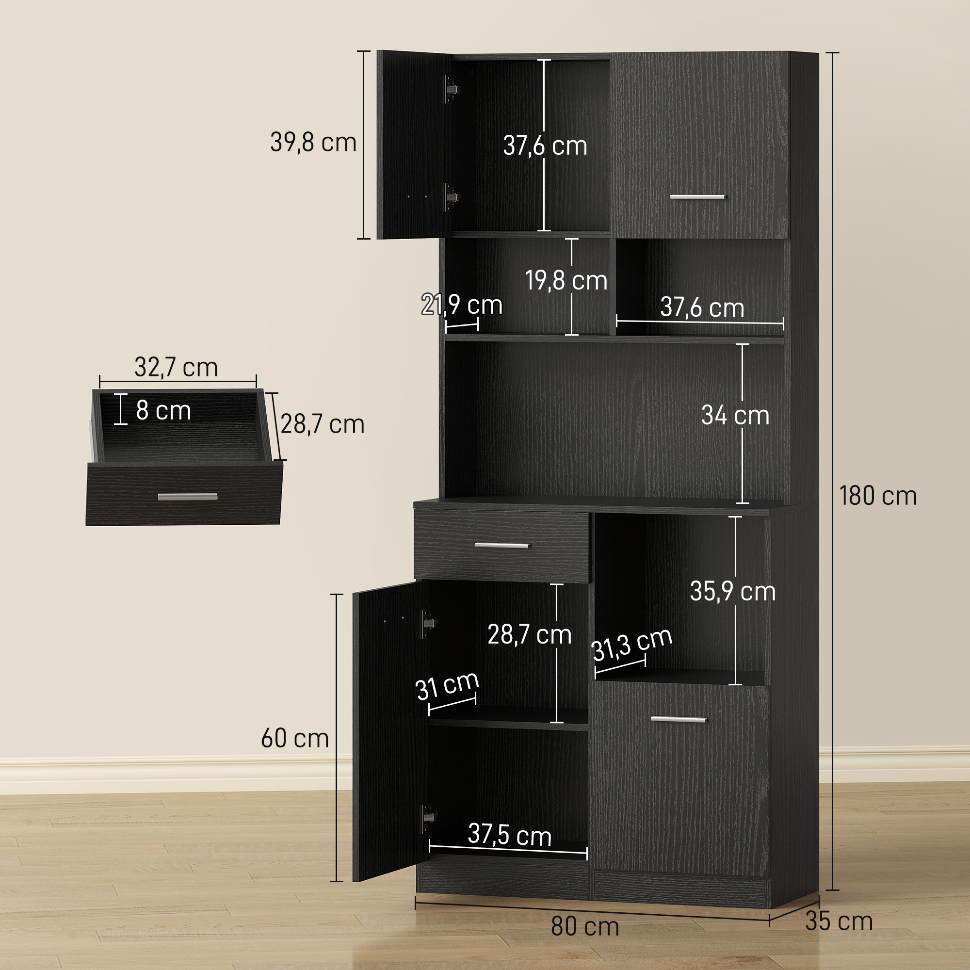 Küchenschrank, Buffet mit Schublade, Soft-Close Türen, 80 x 35 x 180 cm, Schwarz