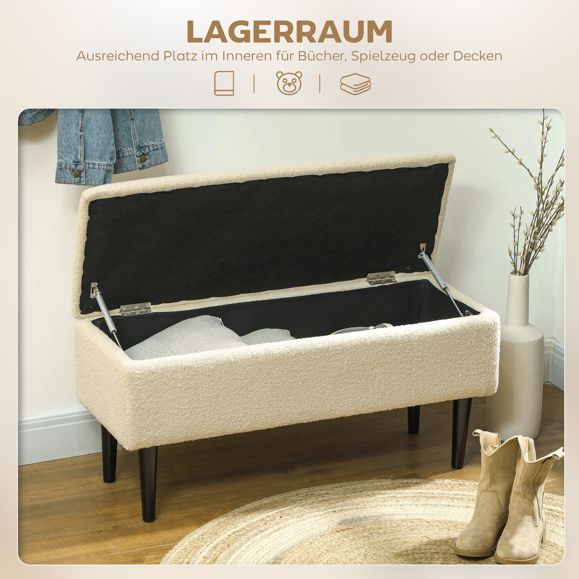 Sitzbank im Vintagedesign, Schuhbank, versteckter Stauraum, Kaschmir-Optik, Beige + Schwarz