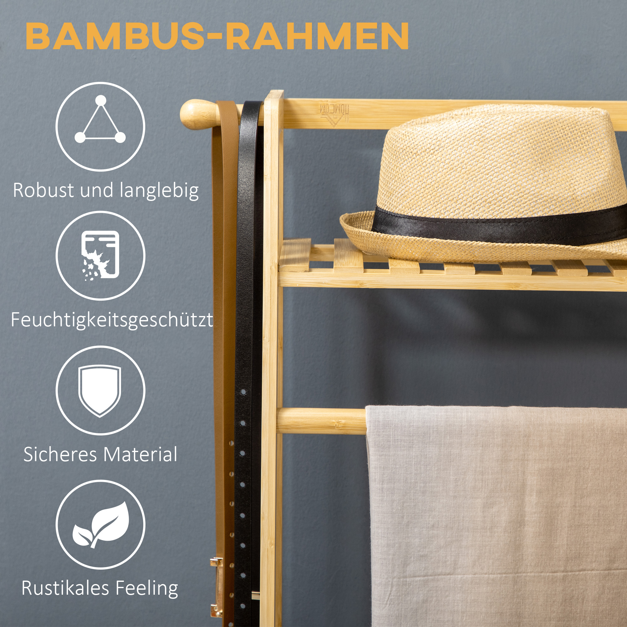 Kleiderständer aus Bambus, 2 Kleiderhaken, Kleiderstange, 2 Ablagen, 114 x 40 x 139 cm