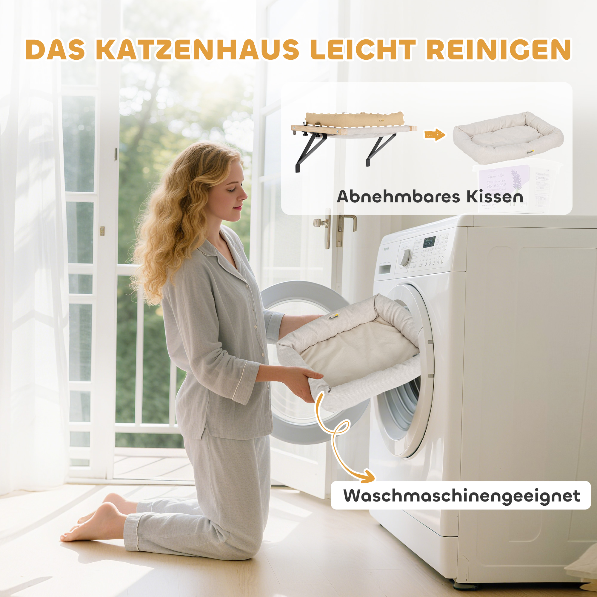 Katzenhaus mit Halterung für Fensterbänke und Heizungen, Kissen, Holzrahmen, Weiß