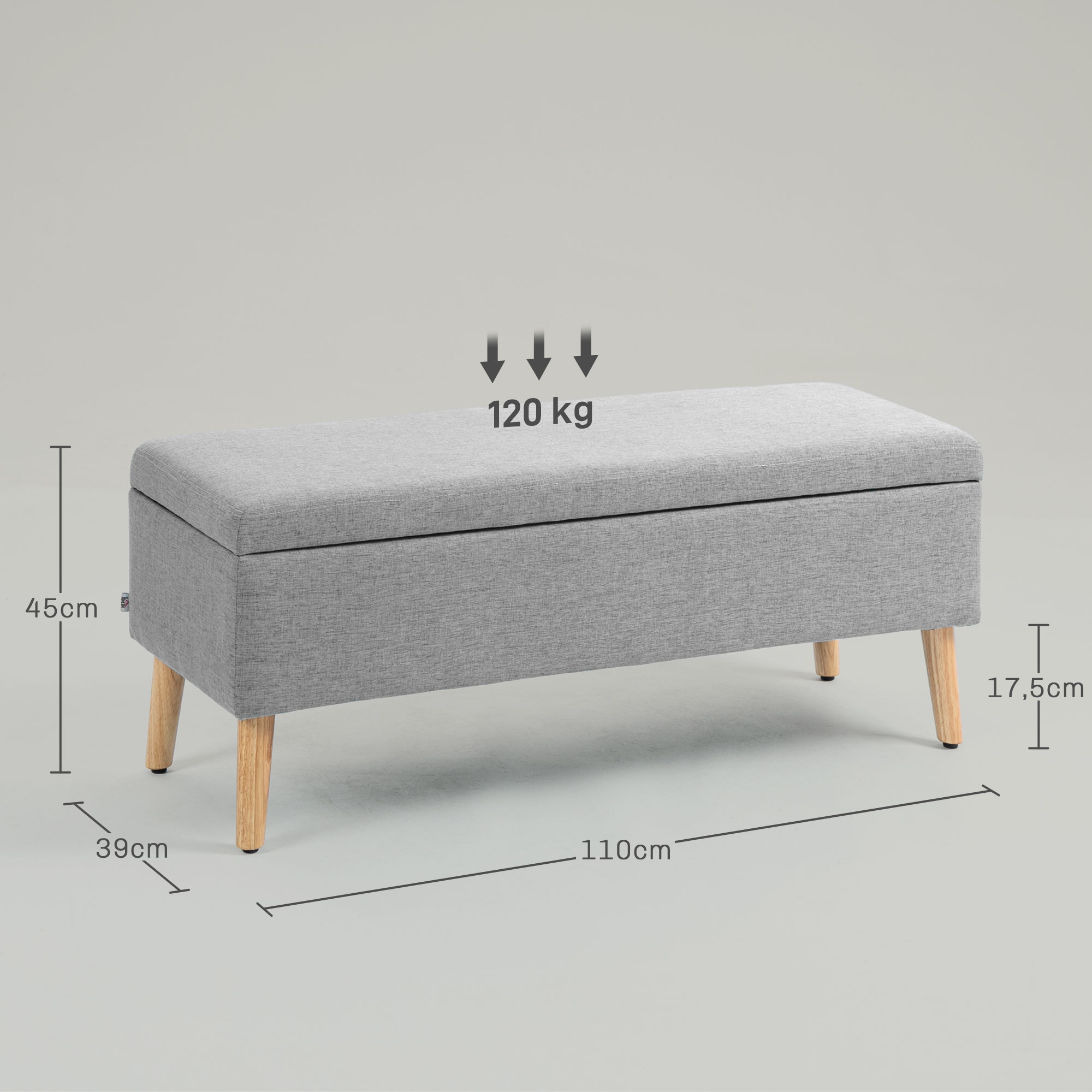 Polsterbank mit Stauraum, Bezug in Leinenoptik, Kautschukholzbeine, bis 220 kg, 110x39x45cm, Grau