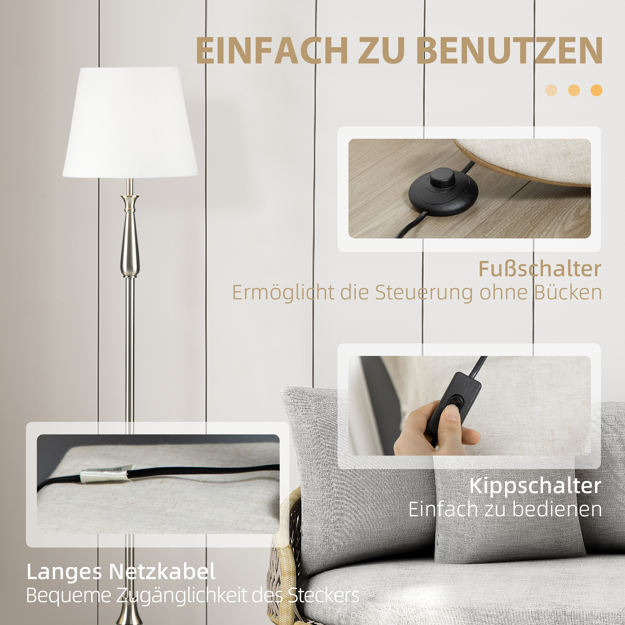 3-teiliges Lampenset im Vintage-Design, 2 Tischleuchten, 1 Stehleuchte, 35,5 cm x 35,5 cm x 146 cm, Silber + Weiß