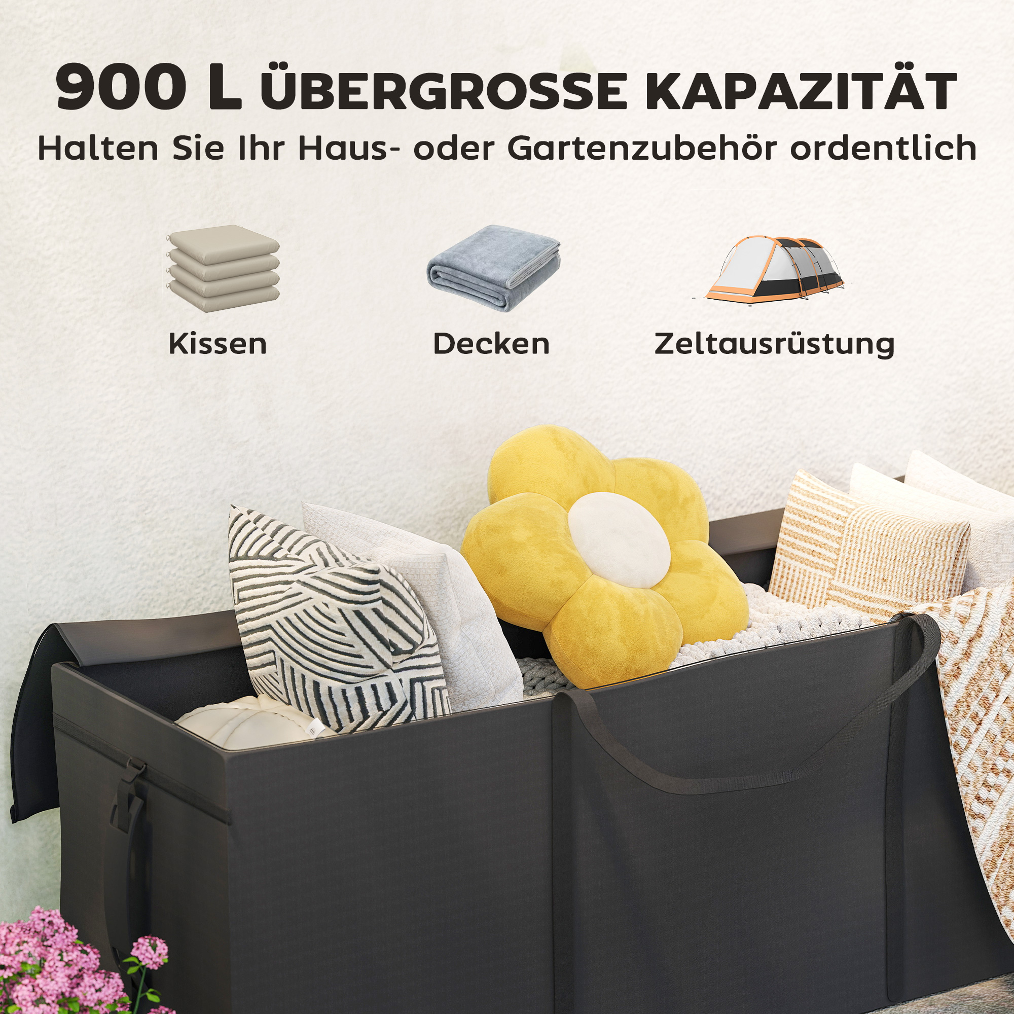 Aufbewahrungstasche Gartenpolster, Auflagentasche, Schutzhülle mit Tragegriff Reißverschluss 200x60x75 cm, Schwarz