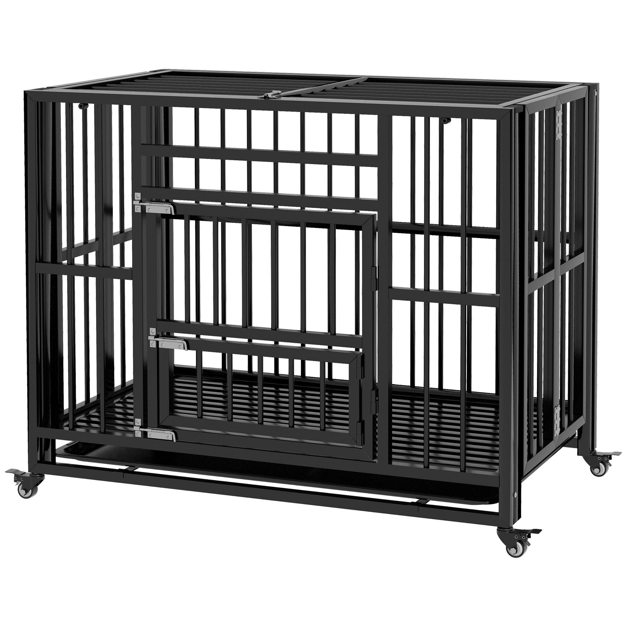 Hundebox Hundekäfig, inkl, Bodenwanne, Verriegelung, Universalrollen, 94 cm x 58 cm x 78 cm, Schwarz