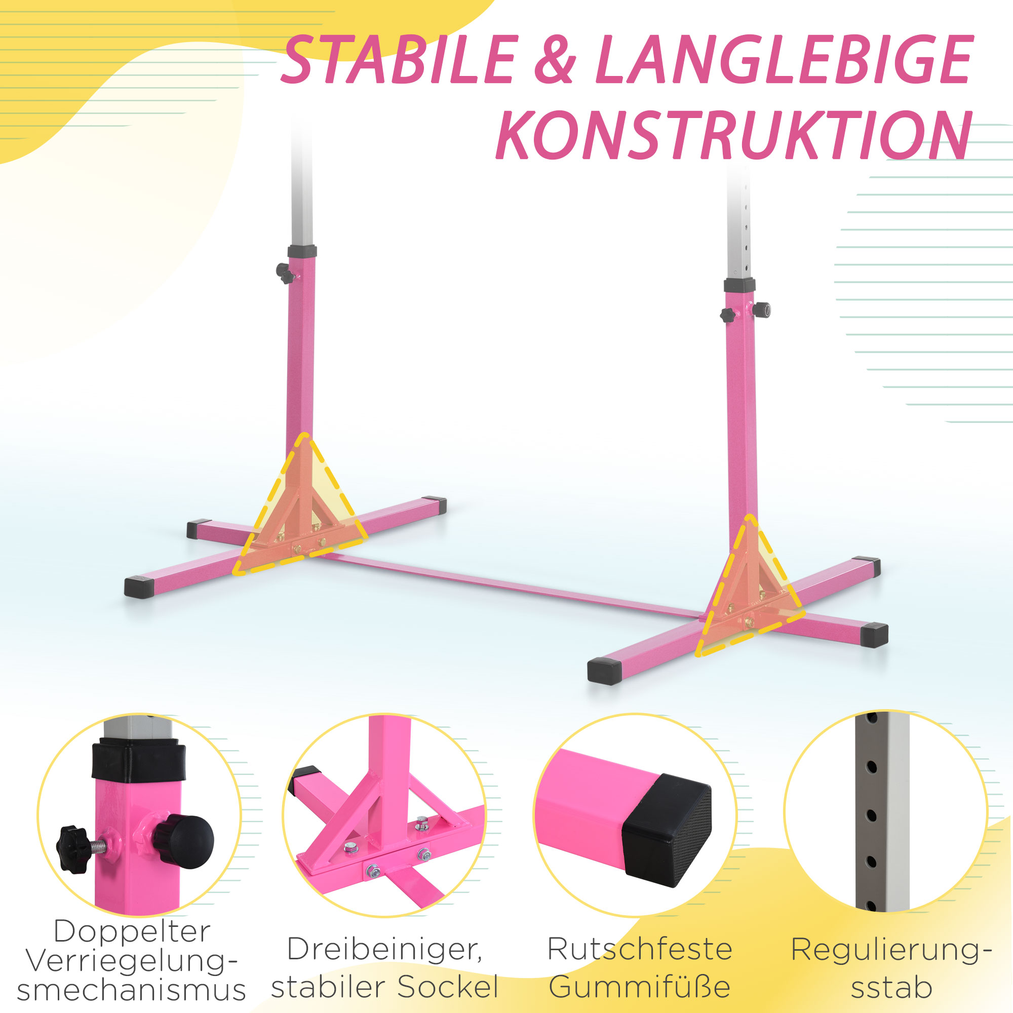 Gymnastik-Turnreck, 13-stufig höhenverstellbar Reckstange, Reck Turnstange aus Holz & stabile Stahlkonstruktion bis 75 kg belastbar, für 3+ Kinder, Indoor, Outdoor, Rosa
