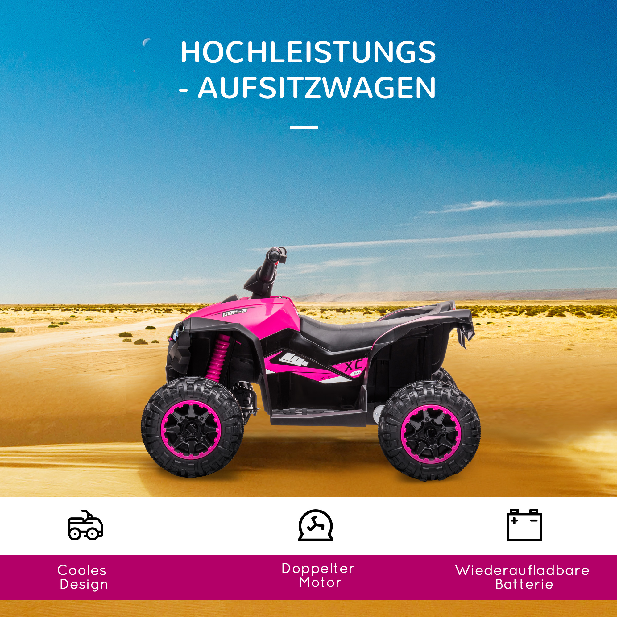 Kinderquad, 3-6 km/h, Licht/Musik, für 3-5 Jahre, bis 25kg, Rosa/Schwarz